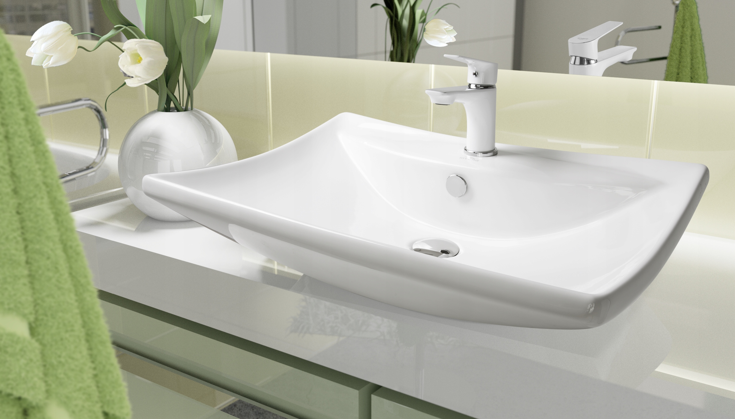 BATERIA UMYWALKOWA ŁAZIENKOWA JEDNOUCHWYTOWA STOJĄCA BIAŁA - CHROM SOLIDNA Linia Dokos