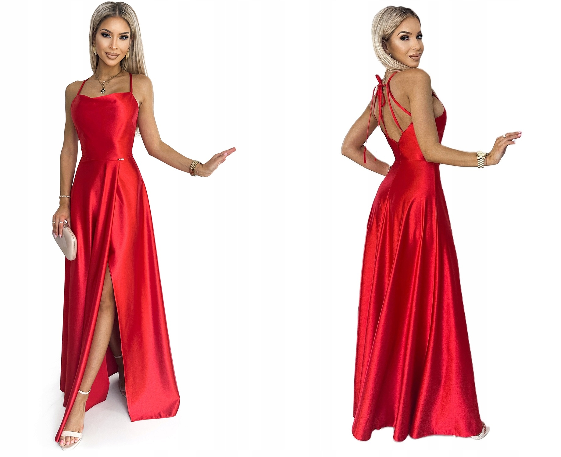 Dlouhá Červená Saténová Silvestrovská Plesová Sukně S Odhalenými Zavazovacími Zády