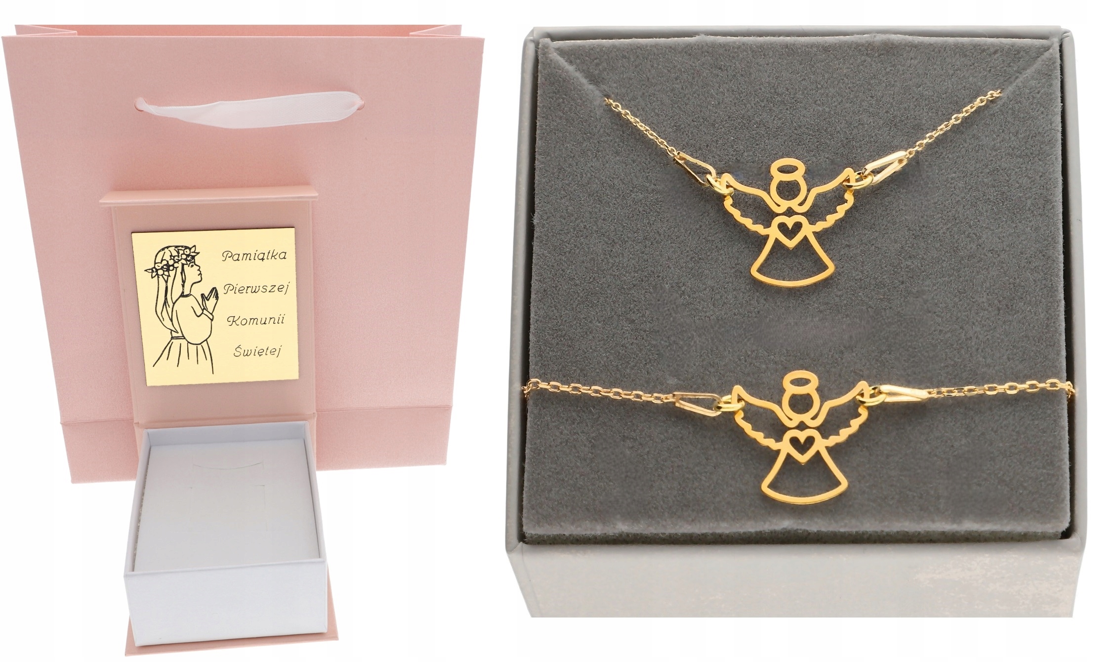 Zlatý komplet s andělem Svaté Přijímání Křest Roček Gravírování Stříbro 925
