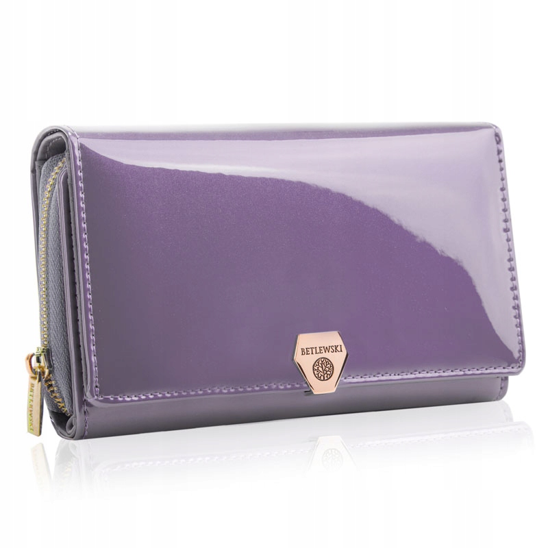 Betlewski Kožená dámská lakovaná peněženka Fialová Rfid ochrana Logo
