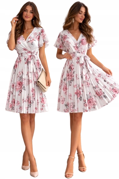 Sukienka Plisowana Szyfon Sukienka Kwiaty Zwiewna Wiosenna Modna Pasek 612