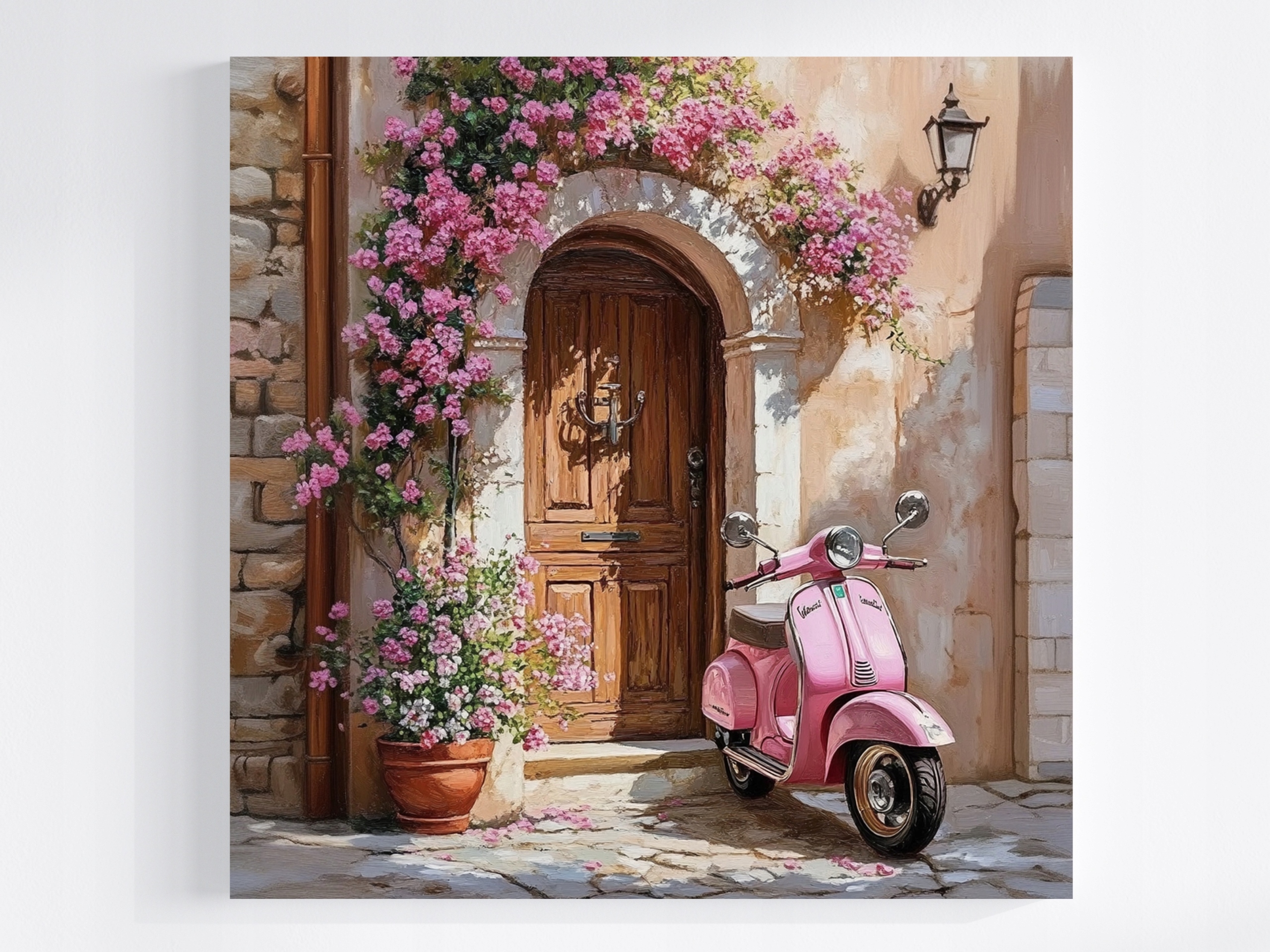 Obraz Na Plátně Canvas Dům Dveře Vchod Růžový Skútr Květiny Léto 60x60