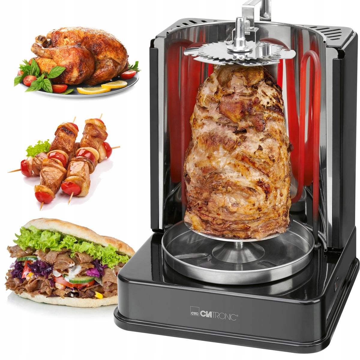 Elektrický gril vertikální kebab gyros kuřecí špízy Clatronic 3686 1400 W