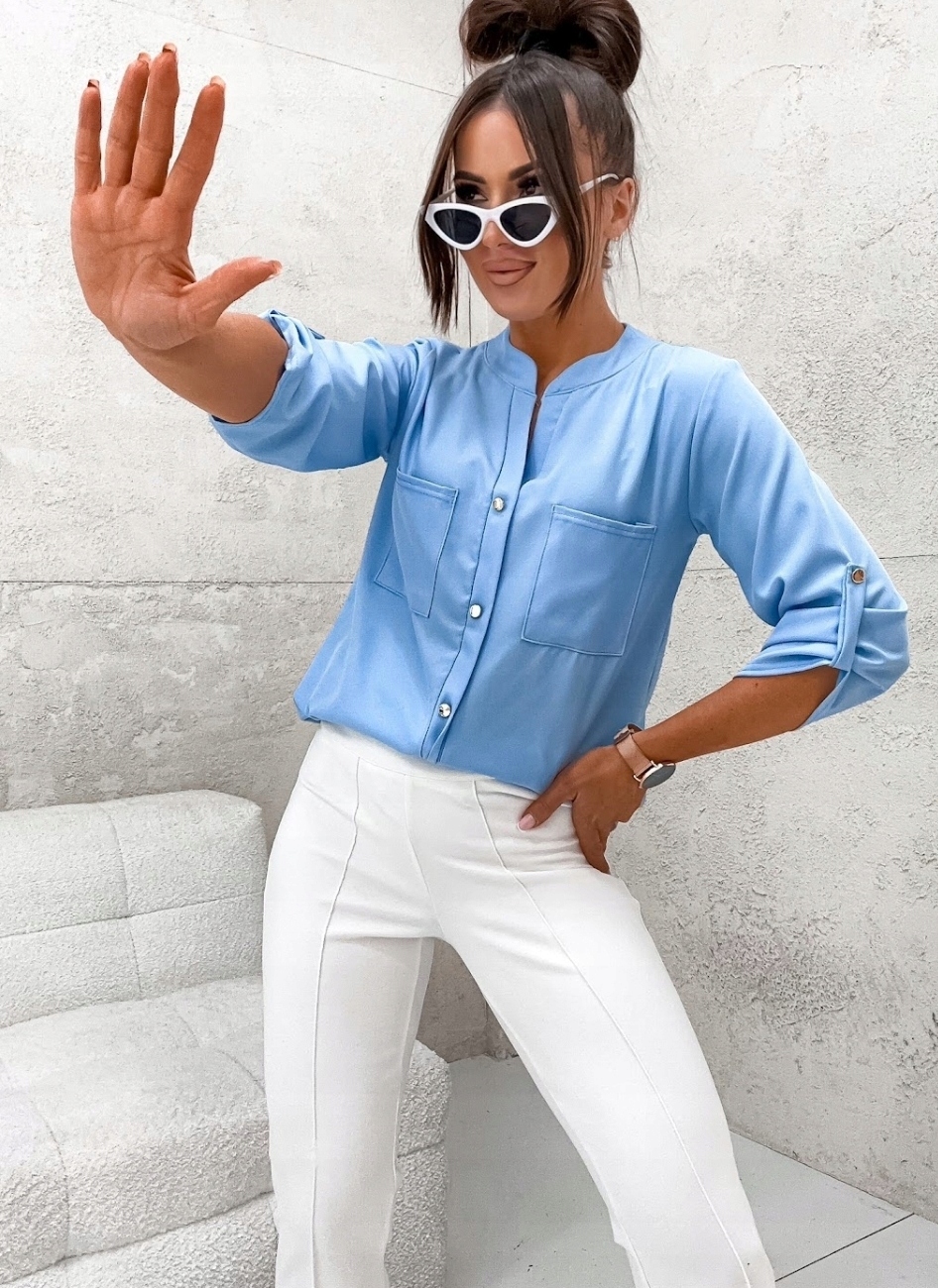 DAMSKA ELEGANCKA BLUZKA KOSZULA LUŹNA OZDOBNE GUZIKI PL PROD NIEBIESKA L Marka inna
