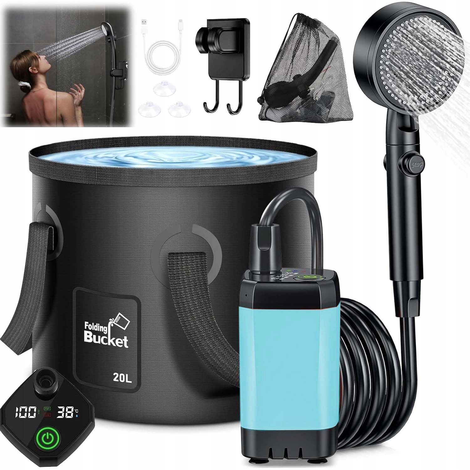 Prysznic Turystyczny Natrysk Camping Akumulator 6000MAH Składane Wiadro