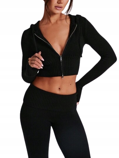 Zimní Shein Černý Krátký Dámský Svetr S Kapucí Na Zip S 1_B