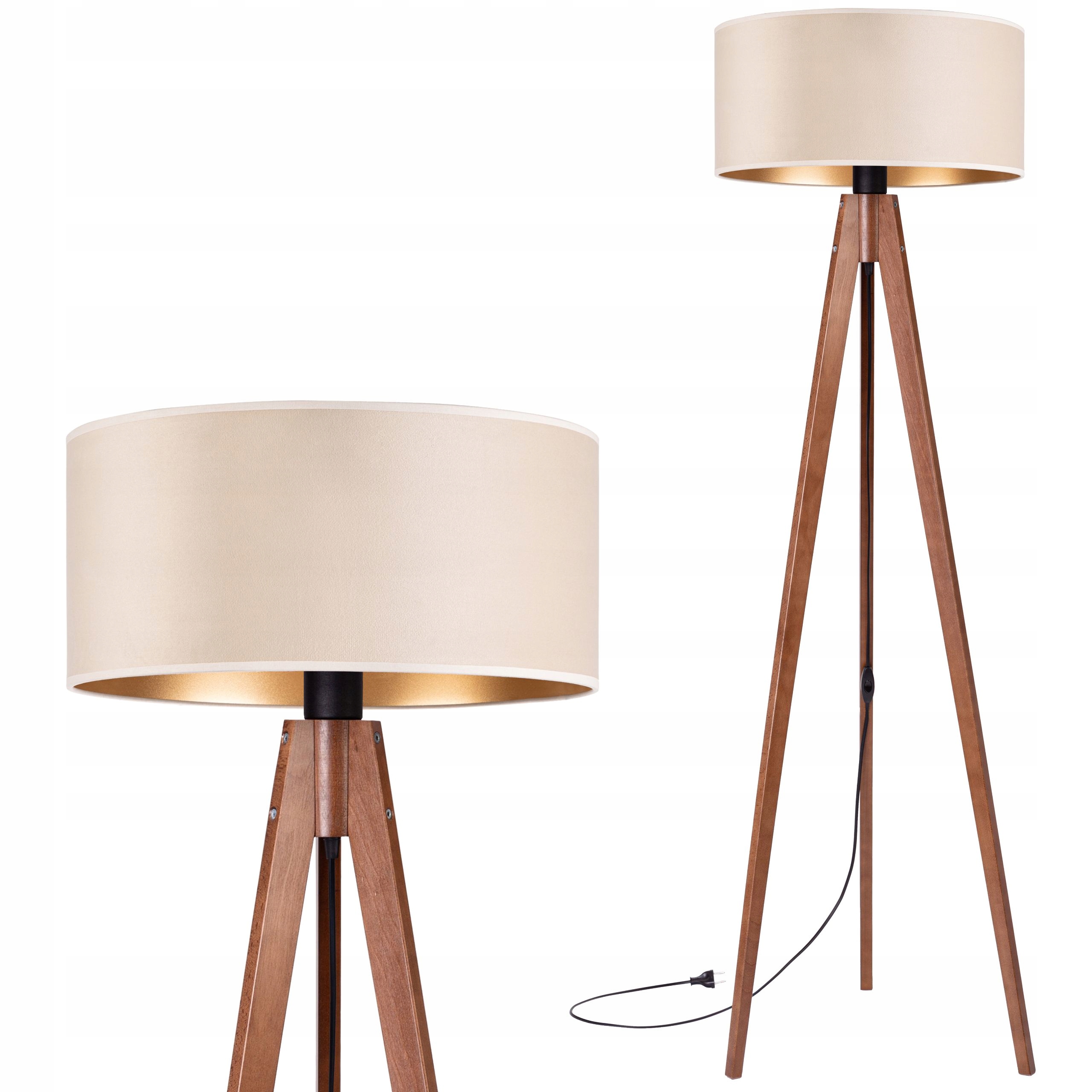 Lampa stojąca podłogowa Trójnóg Drewniany orzech Abażur Welur beżowy złoty