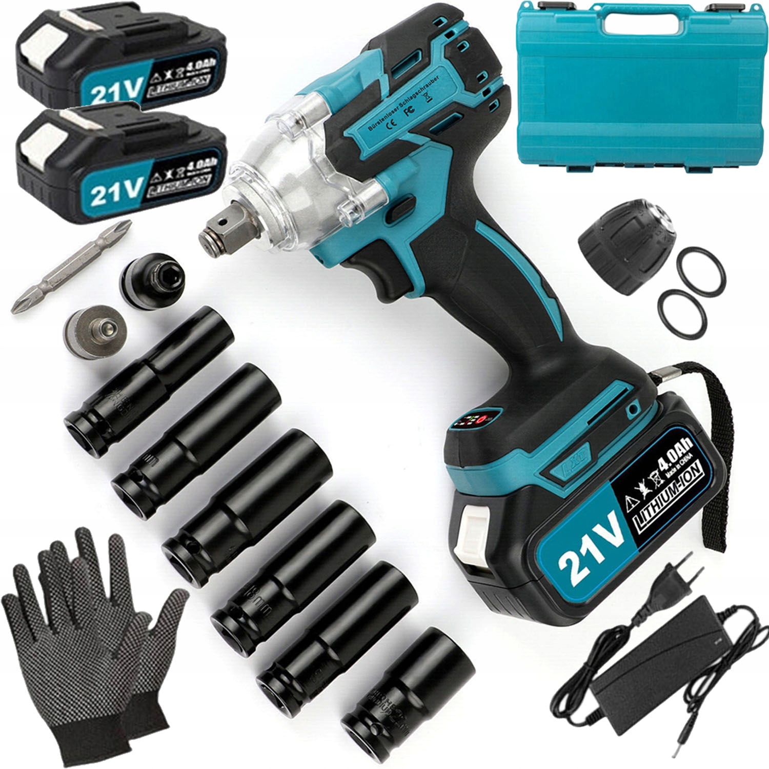 Akumulátorový Rázový Klíč Bezkartáčový Pro Kola 21V 1/2'' 2xAKU 6x Nástavce