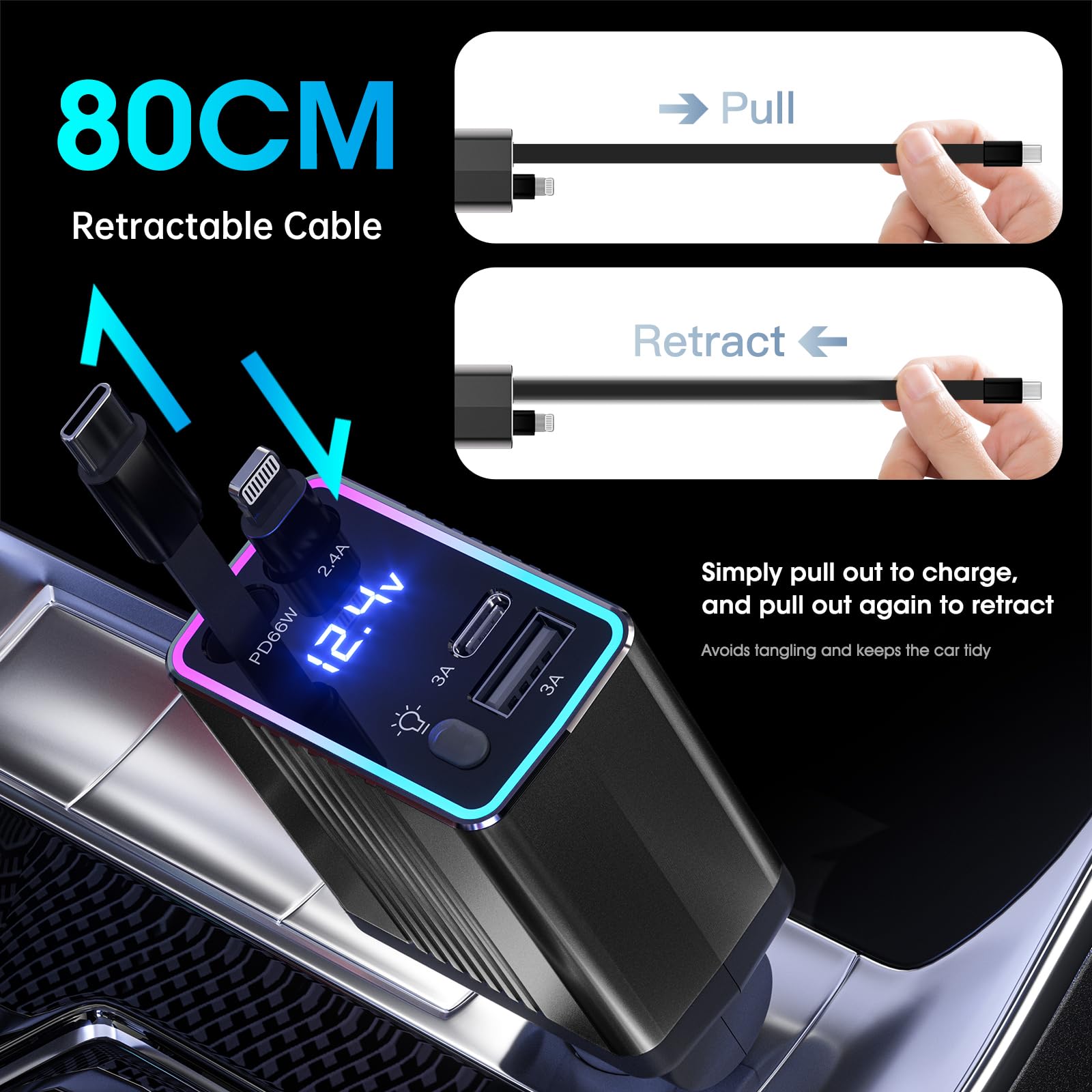 massway Zapalniczka samochodowa USB C 120 W, wysuwana ładowarka samochodowa — miniatura 4