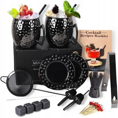 Kubki młotkowane, kamienne kostki whisky, nalewaki sitko ZESTAW DO KOKTAILI