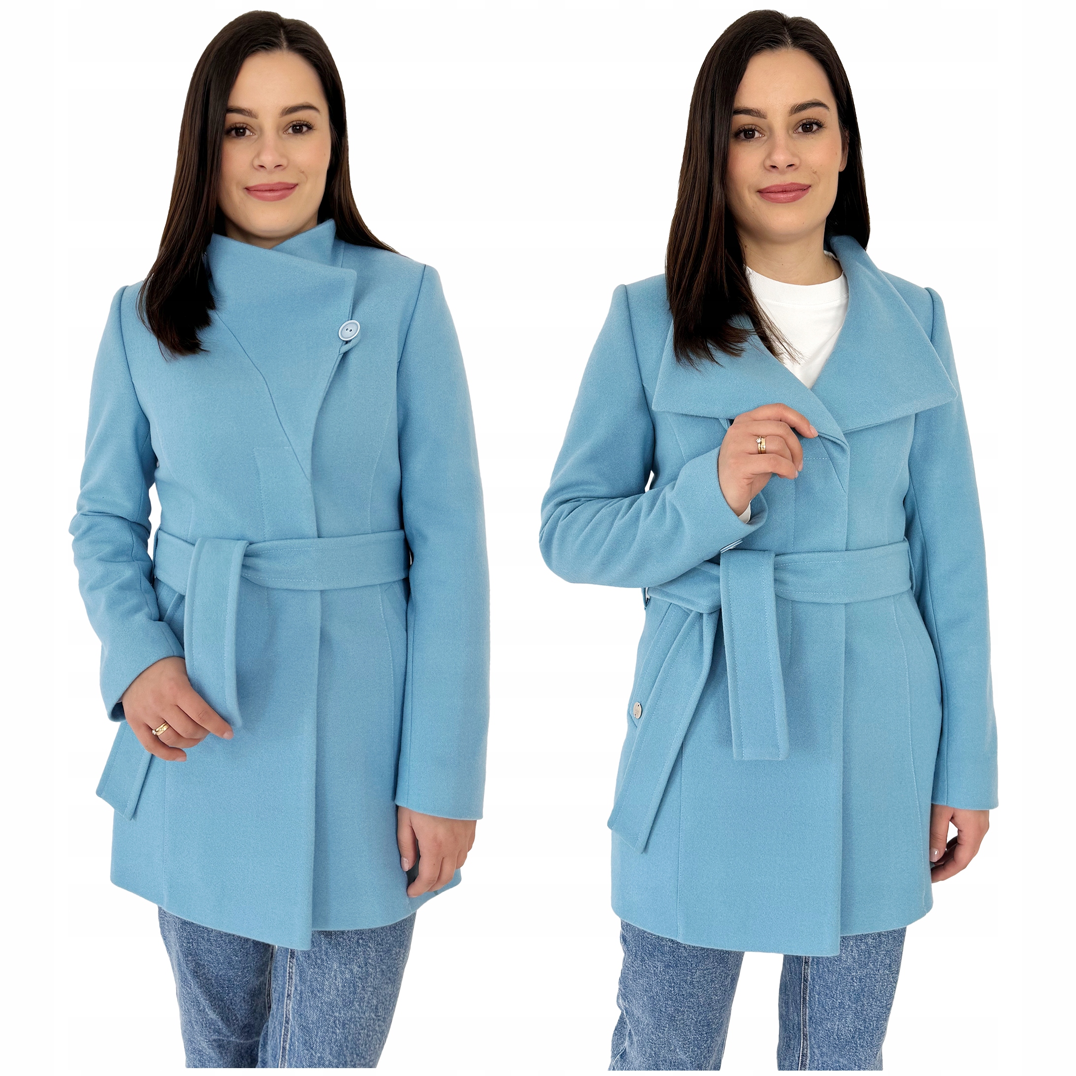 Dámský jarní kabát s efektním límcem a páskem Modrý 40
