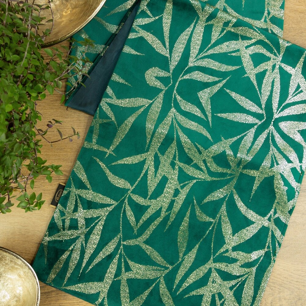 Bieżnik welwetowy 35X180 c. zielony w modny złoty nadruk Długość 180 cm