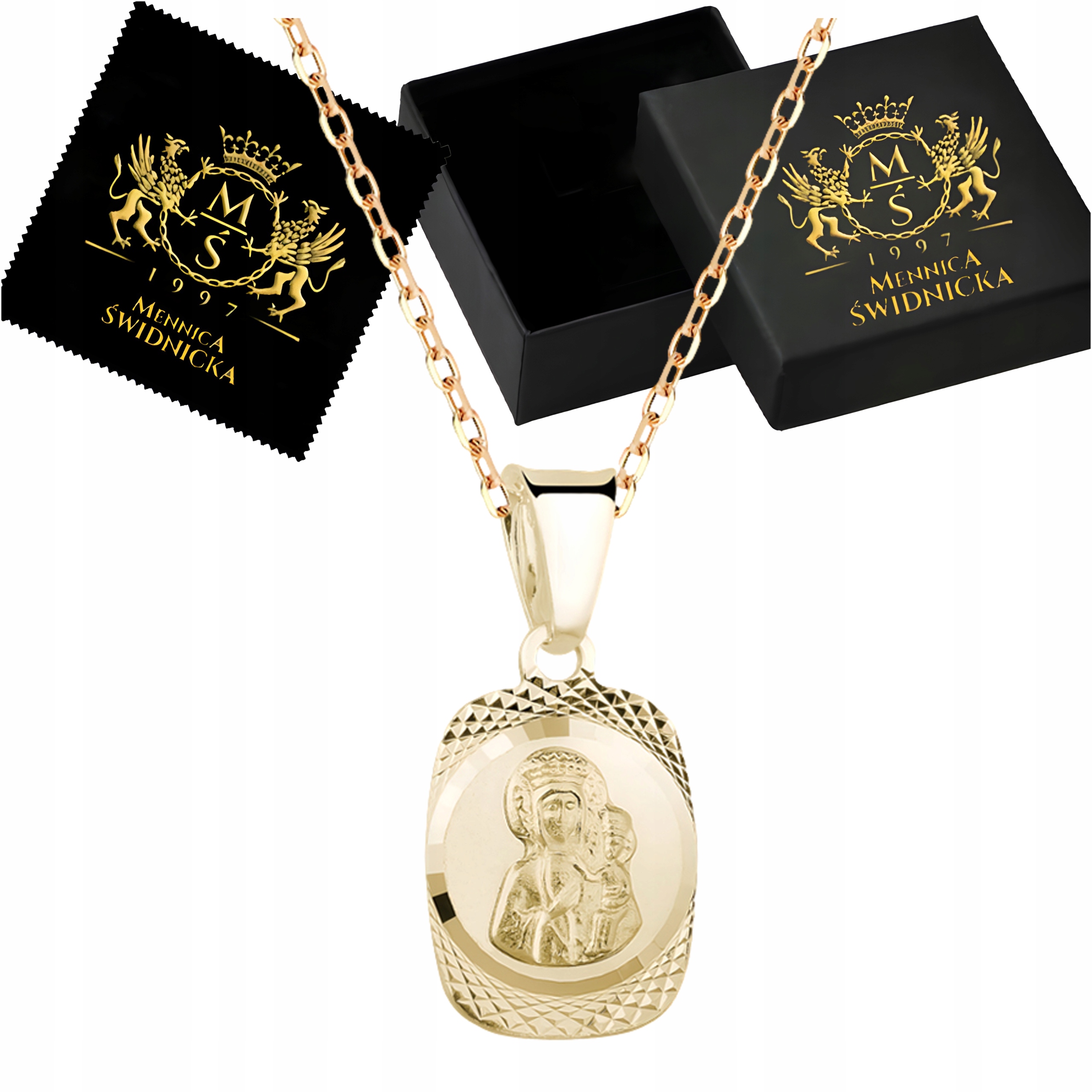 Pozlacený medailonek s řetízkem Panna Maria Čenstochovská Stříbro 925