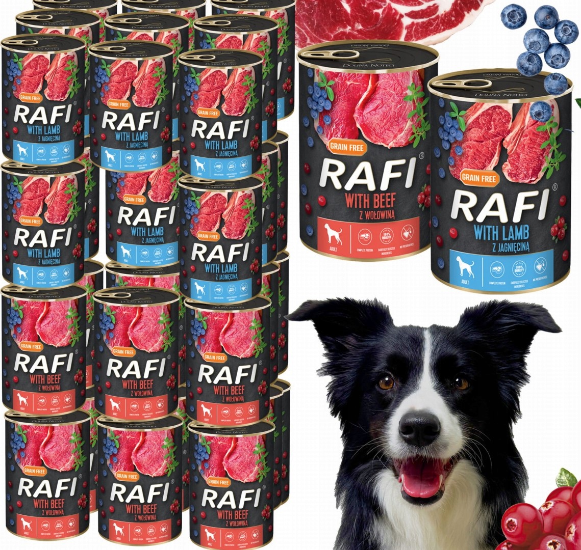 Sada 48x400g Krmivo krmivo pro psy Rafi mix chutí (Jehněčí, Hovězí)