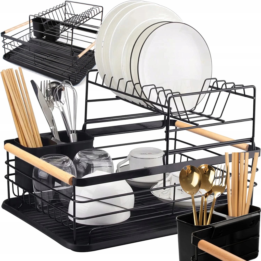 SUSZARKA DWUPOZIOMOWA DO NACZYŃ OCIEKACZ 41x 30 x 27,5 cm PODSTAWKA CZARNA