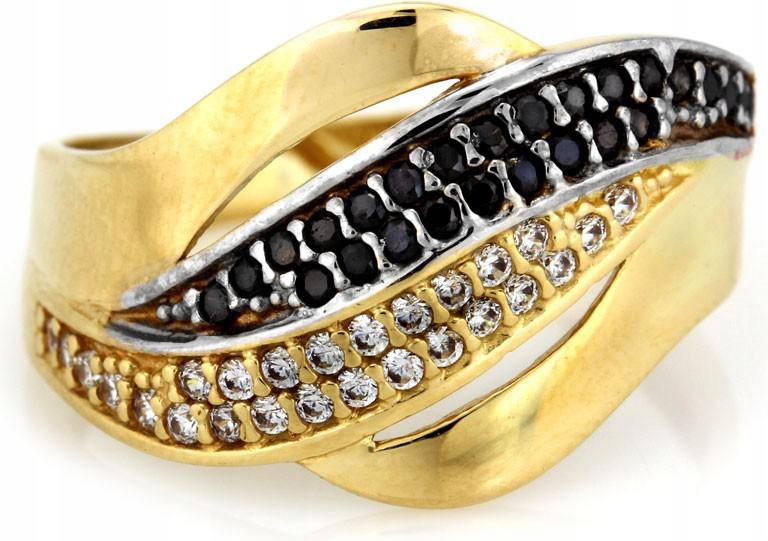 Zlatý prstýnek 585 silný s černými zirkony, módní vzor pro ni 14K