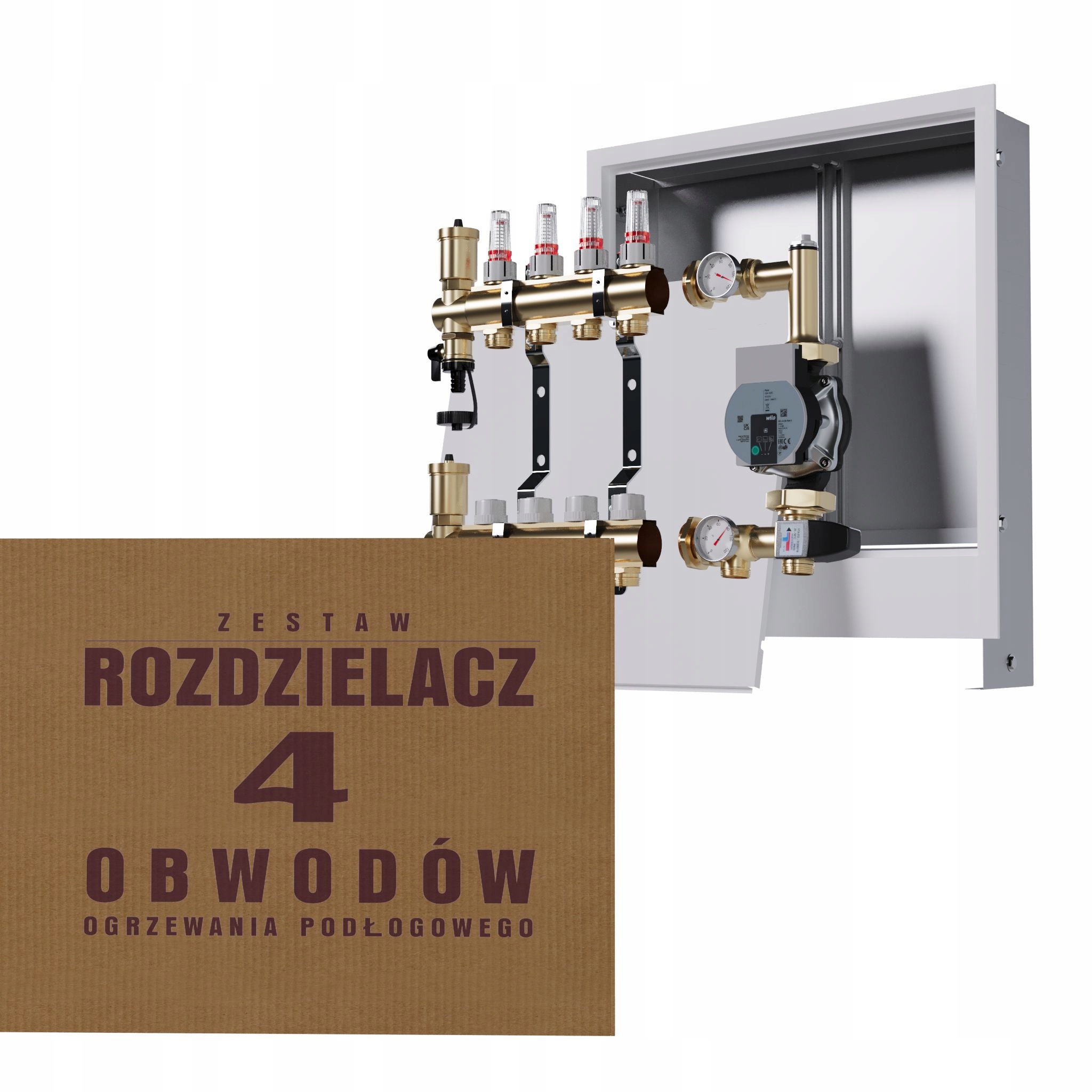 Rozdělovač pro podlahovku 4 okruhy s skupinou Wilo podomítkový box