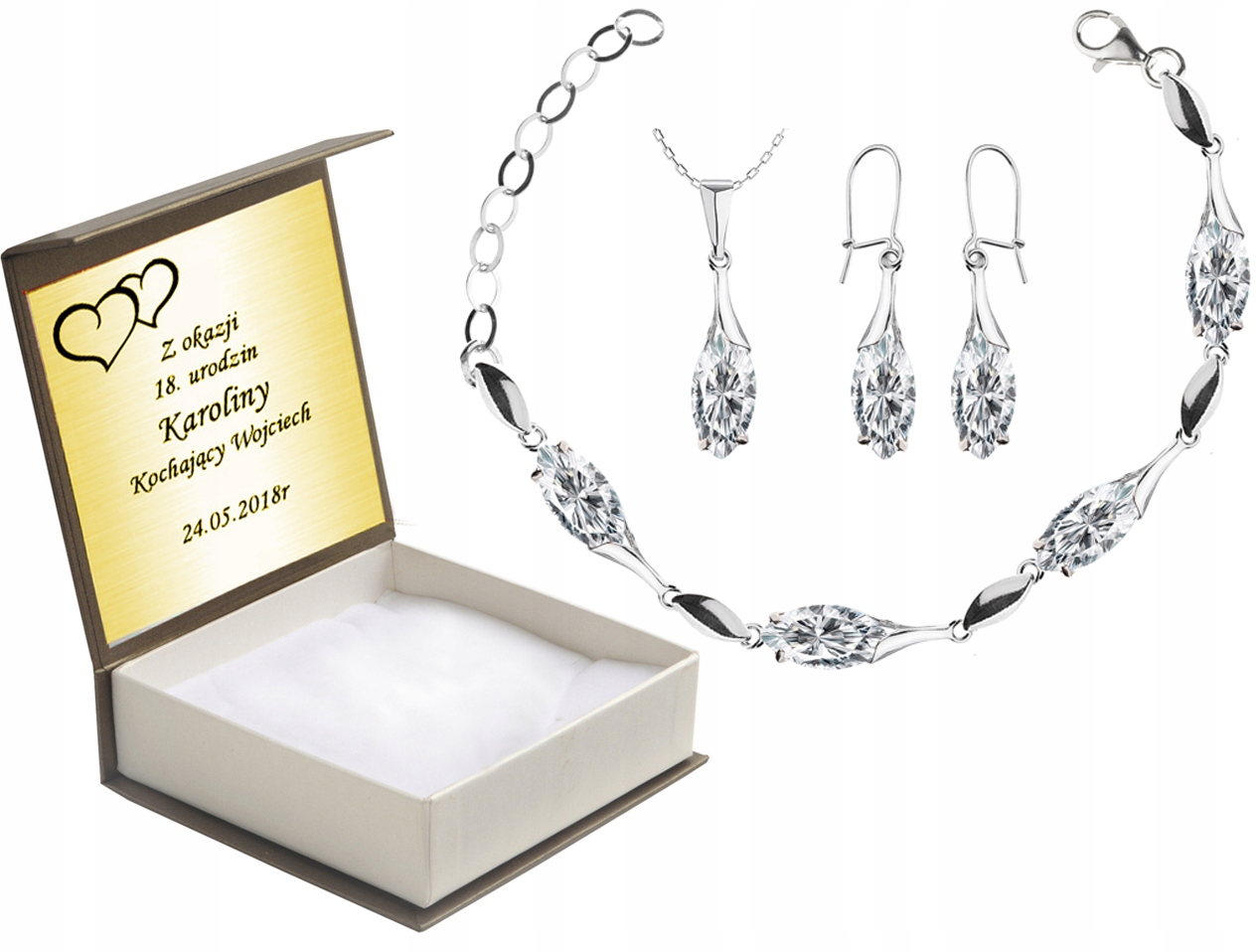 

Komplet Biżuterii Sopelki Z Cyrkoniami + Grawer