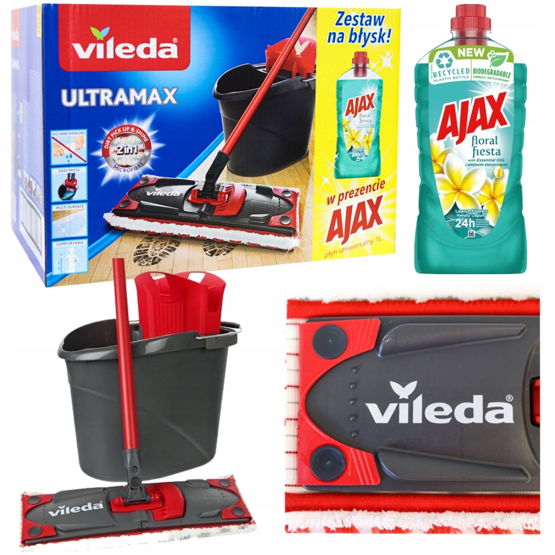 Mop Vileda Ultramax Płaski Zestaw z Wiadrem Wyciskaczem Ajax 1L