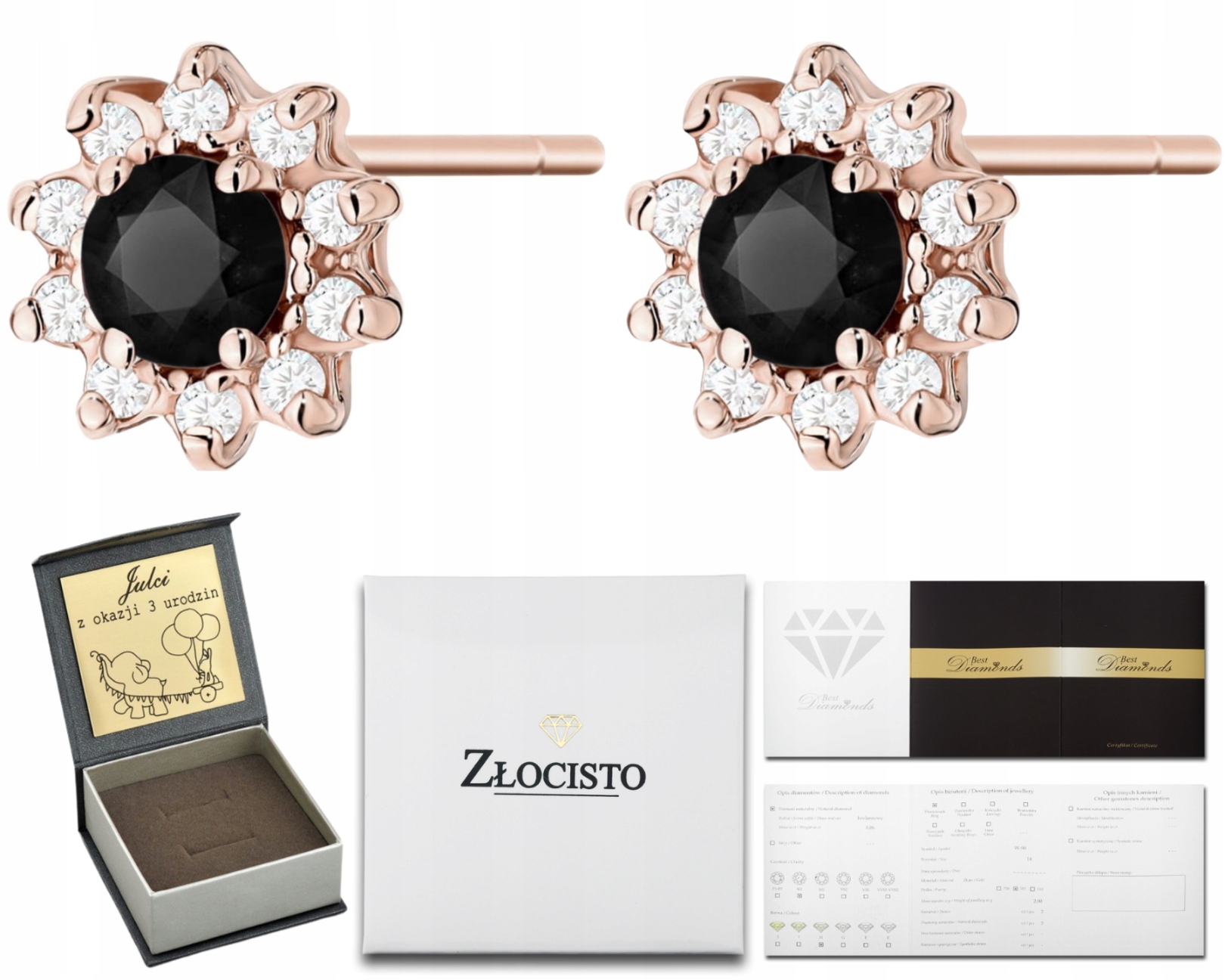 Moderní Náušnice S Černými Diamanty V Růžovém Zlatě, Zlato 585