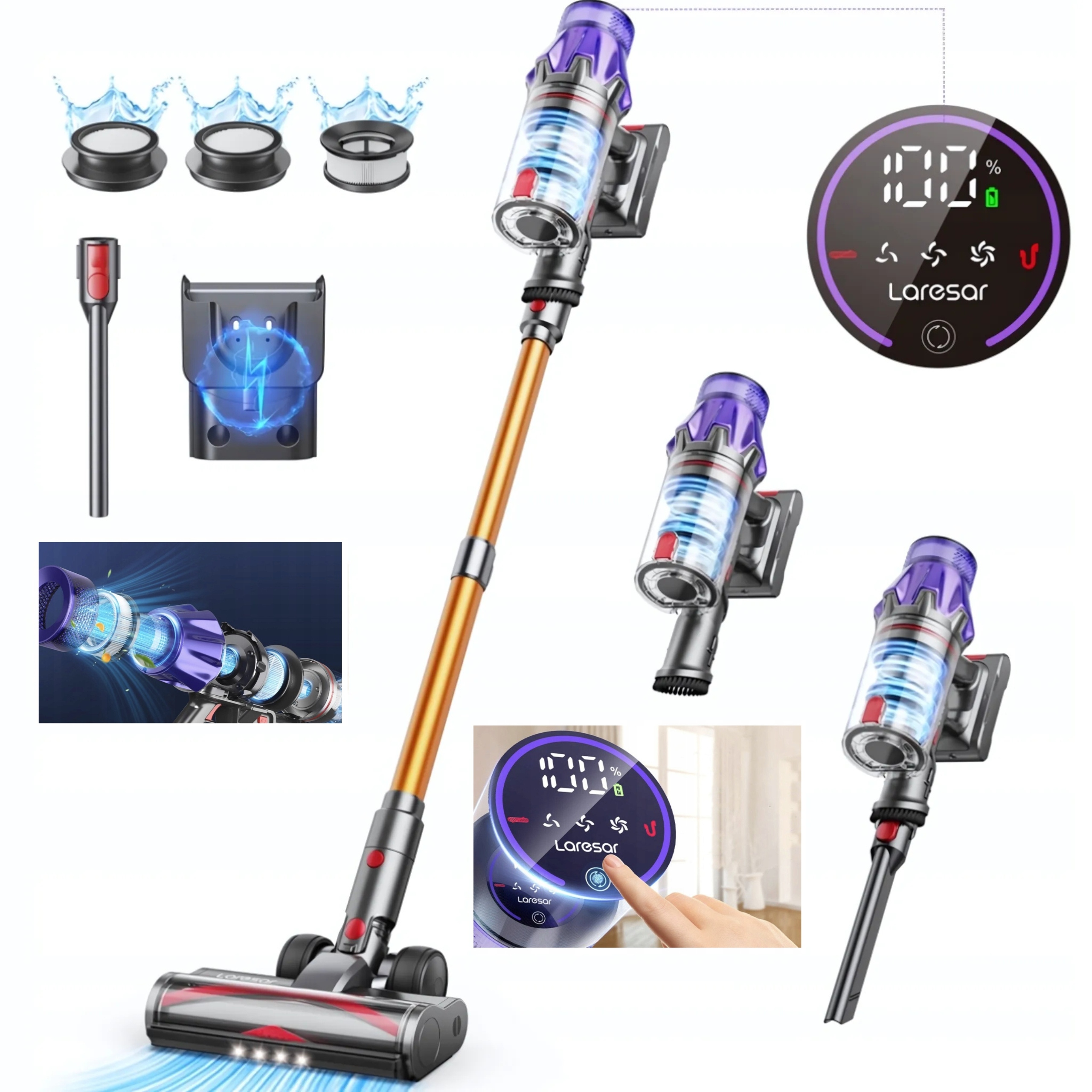 Mocny Odkurzacz Akumulatorowy Pionowy Bezprzewodowy Hepa Laresar V7 500w