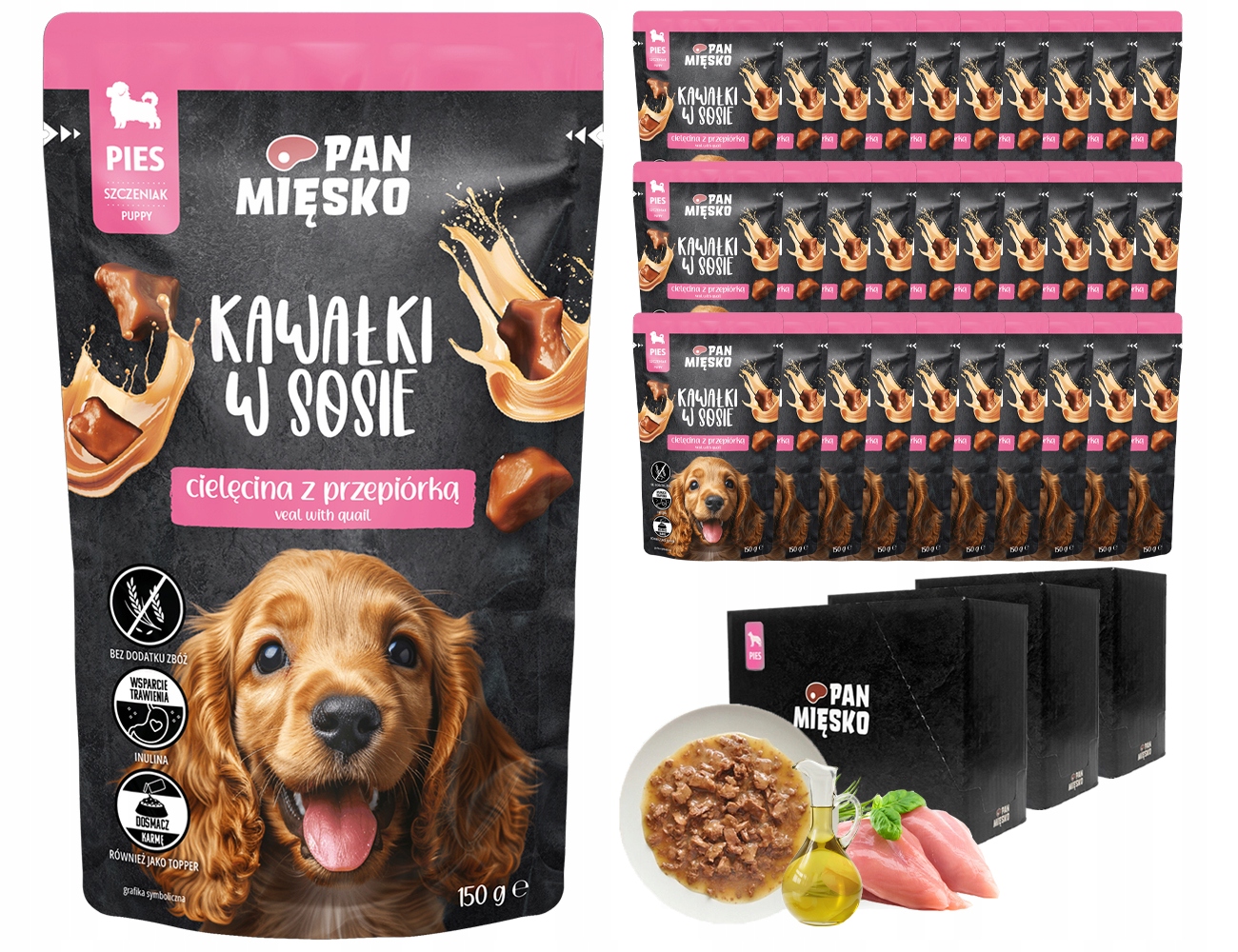 Pan Mięsko Cielęcina Przepiórka saszetki dla szczeniąt Zestaw 30x150g