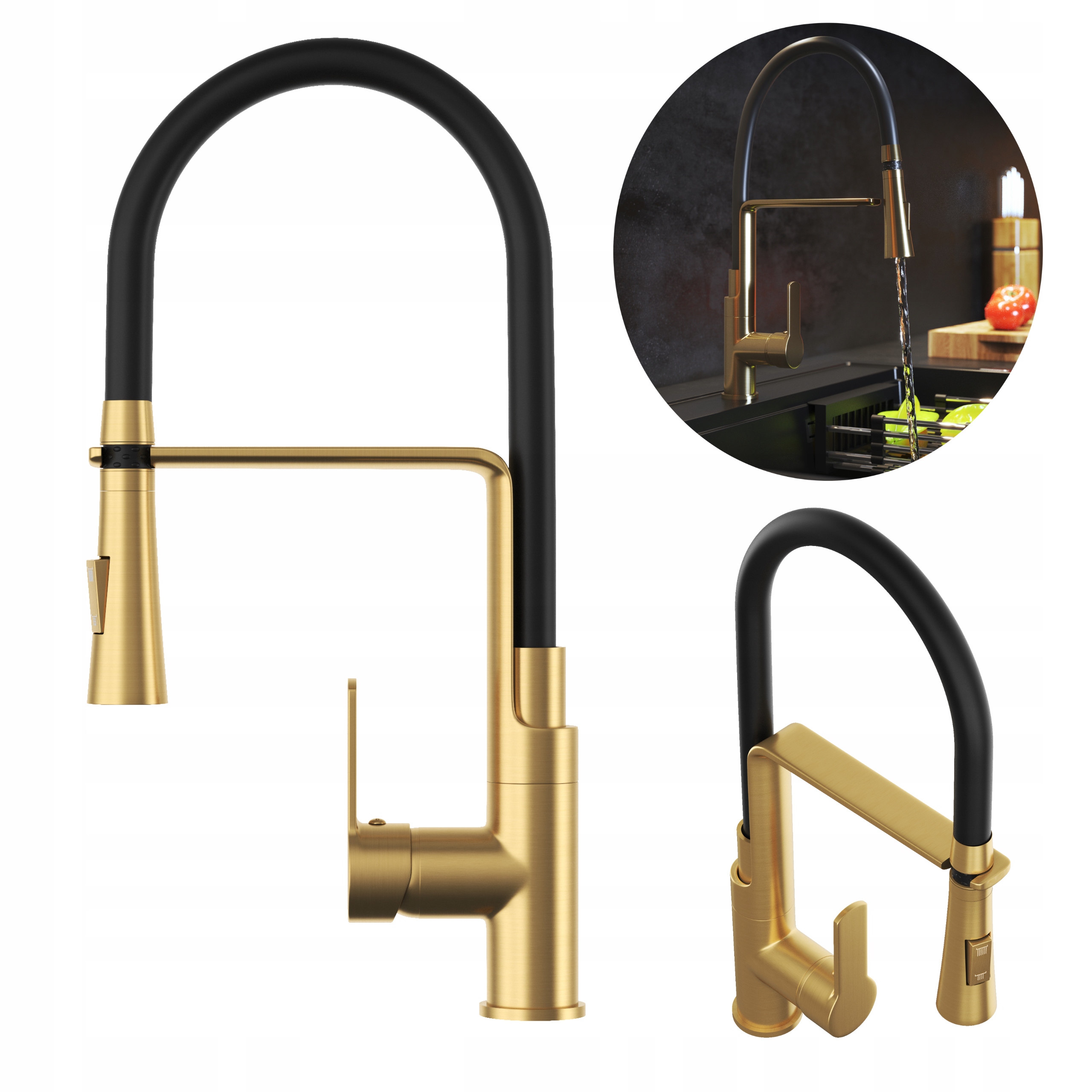 Kuchynská batéria z brúseného zlata Vegas, flexibilný výtokový kohútik