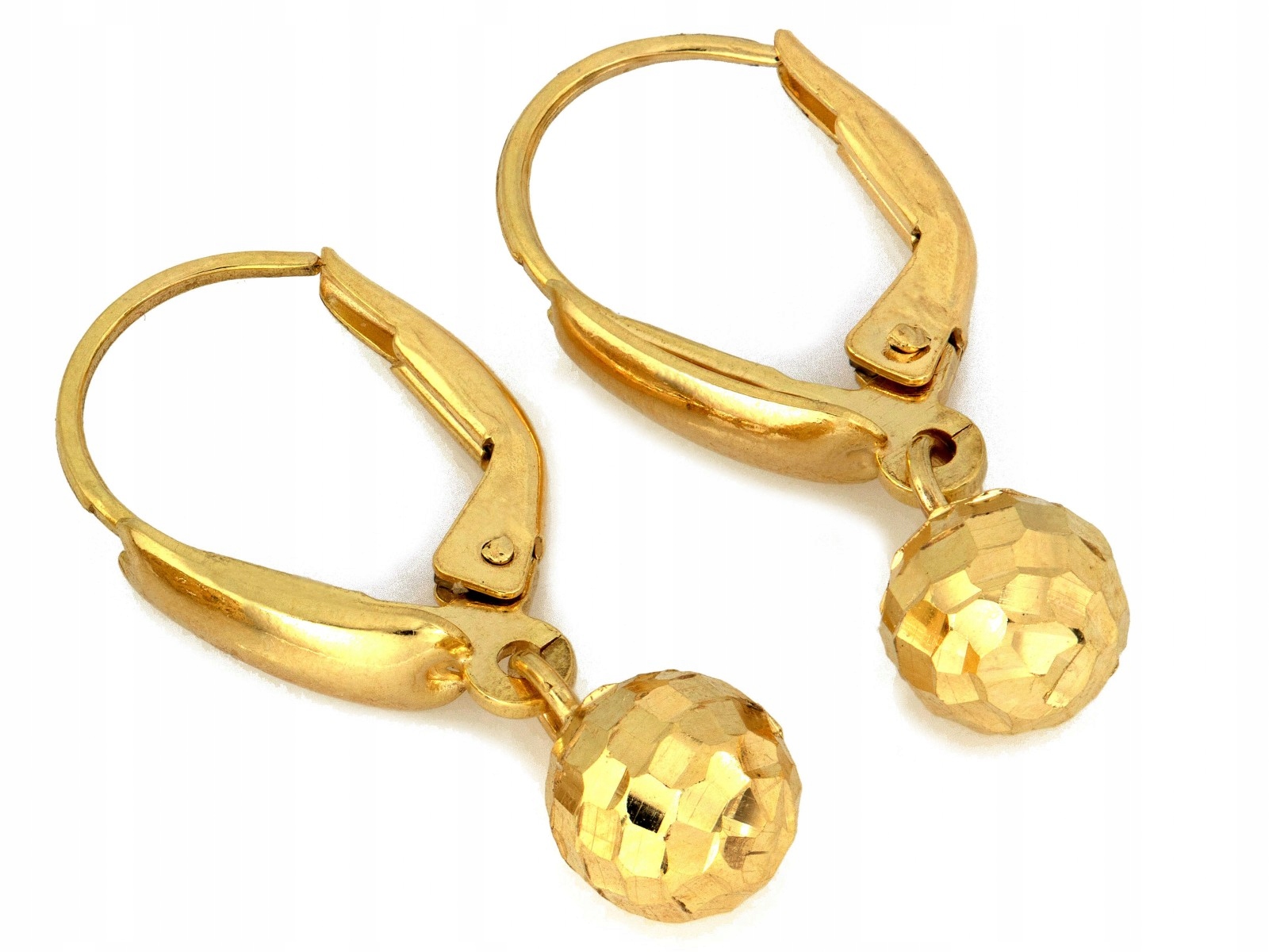 Anglické zlaté 585 náušnice závěsné s diamantovými lesklými kuličkami 14kt