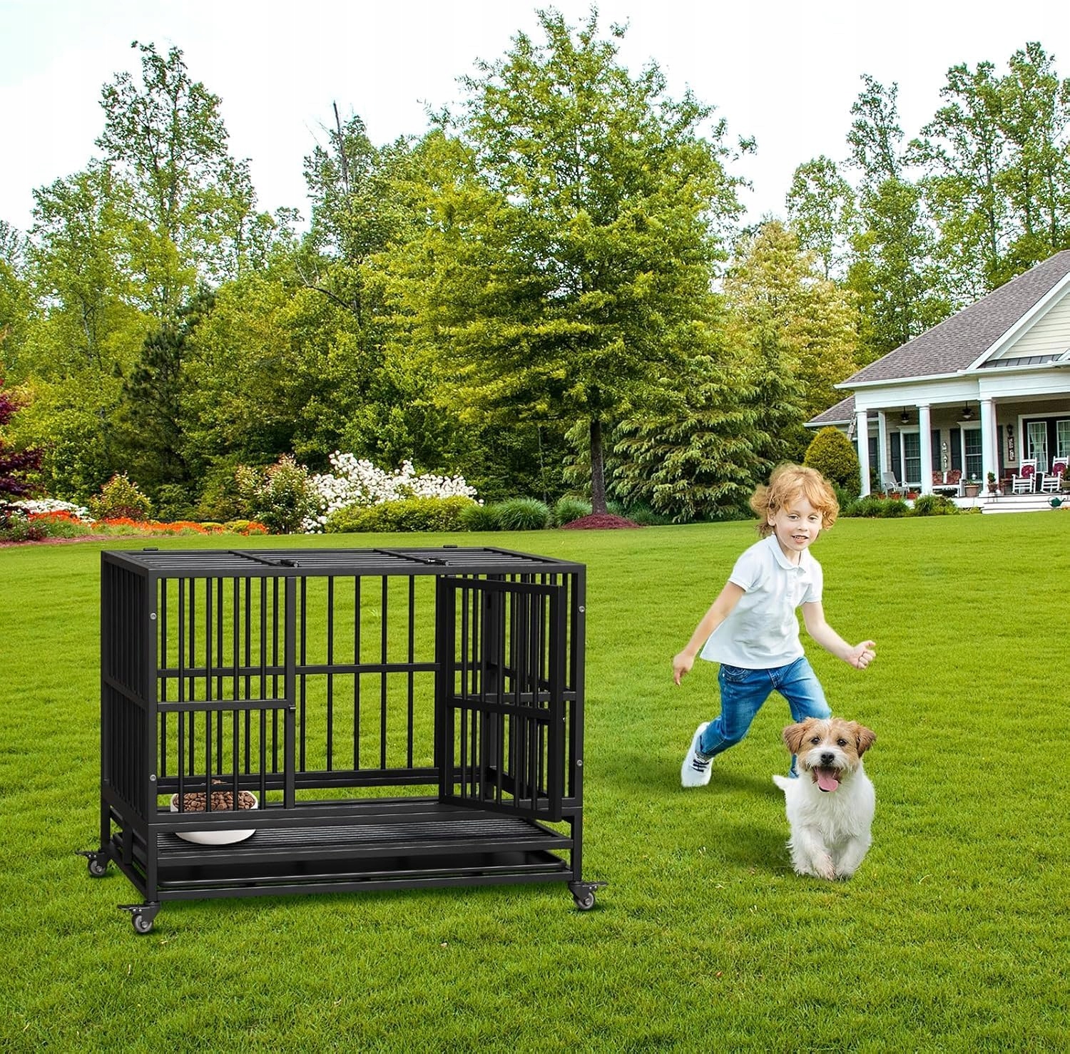 Klatka Dla Psa metal 94x58x73cm z Kółkach taca, Składana klatka dla psa