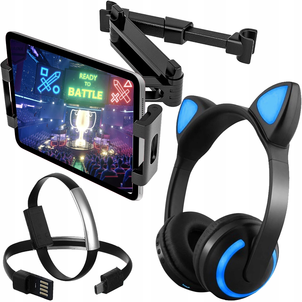 UCHWYT DO TABLETA TELEFONU NA ZAGŁÓWEK FOTELA+SŁUCHAWKI BLUETOOTH DZIECIĘCE