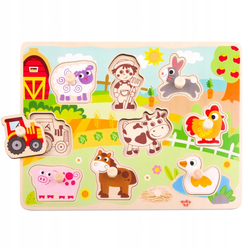 TOOKY TOY Drewniane Puzzle Montessori Farma z Pinezkami Do Dopasowania Wiek dziecka 18 m +