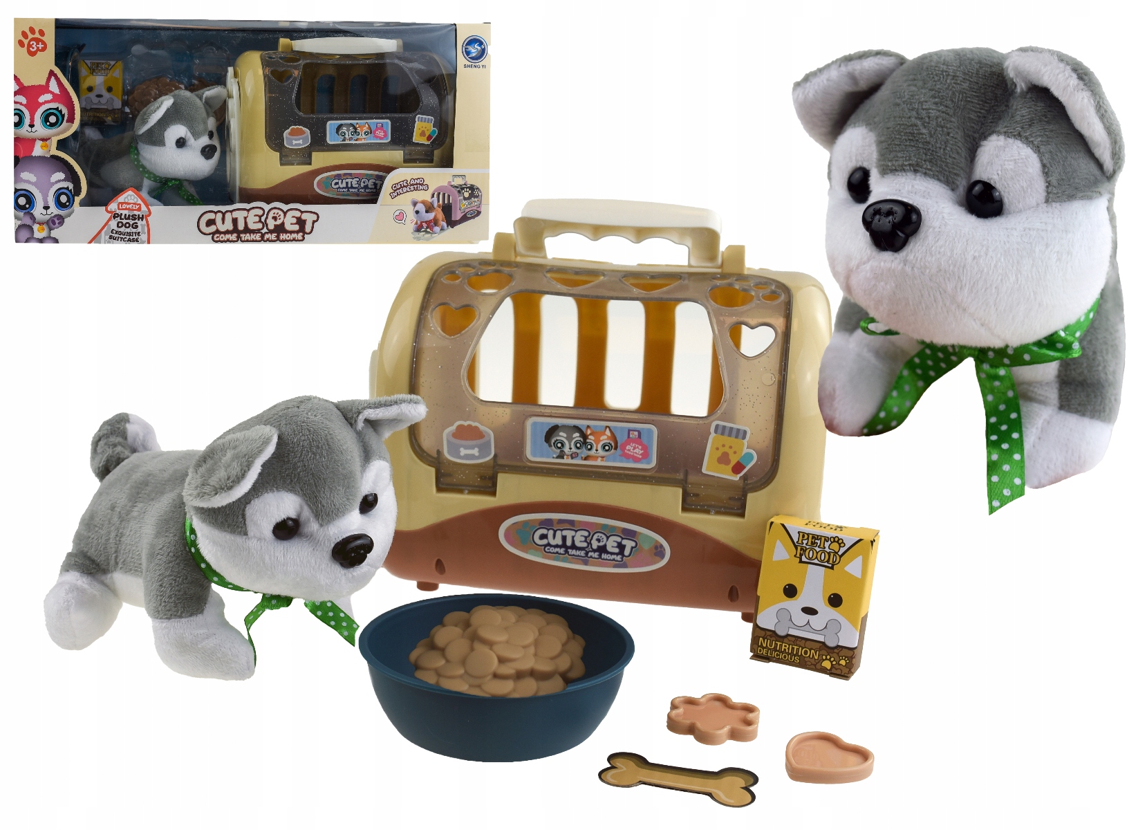 Levně Plyšová Hračka Pejsek Štěně V Transportéru Akcesoria Miska Kartáč Sada