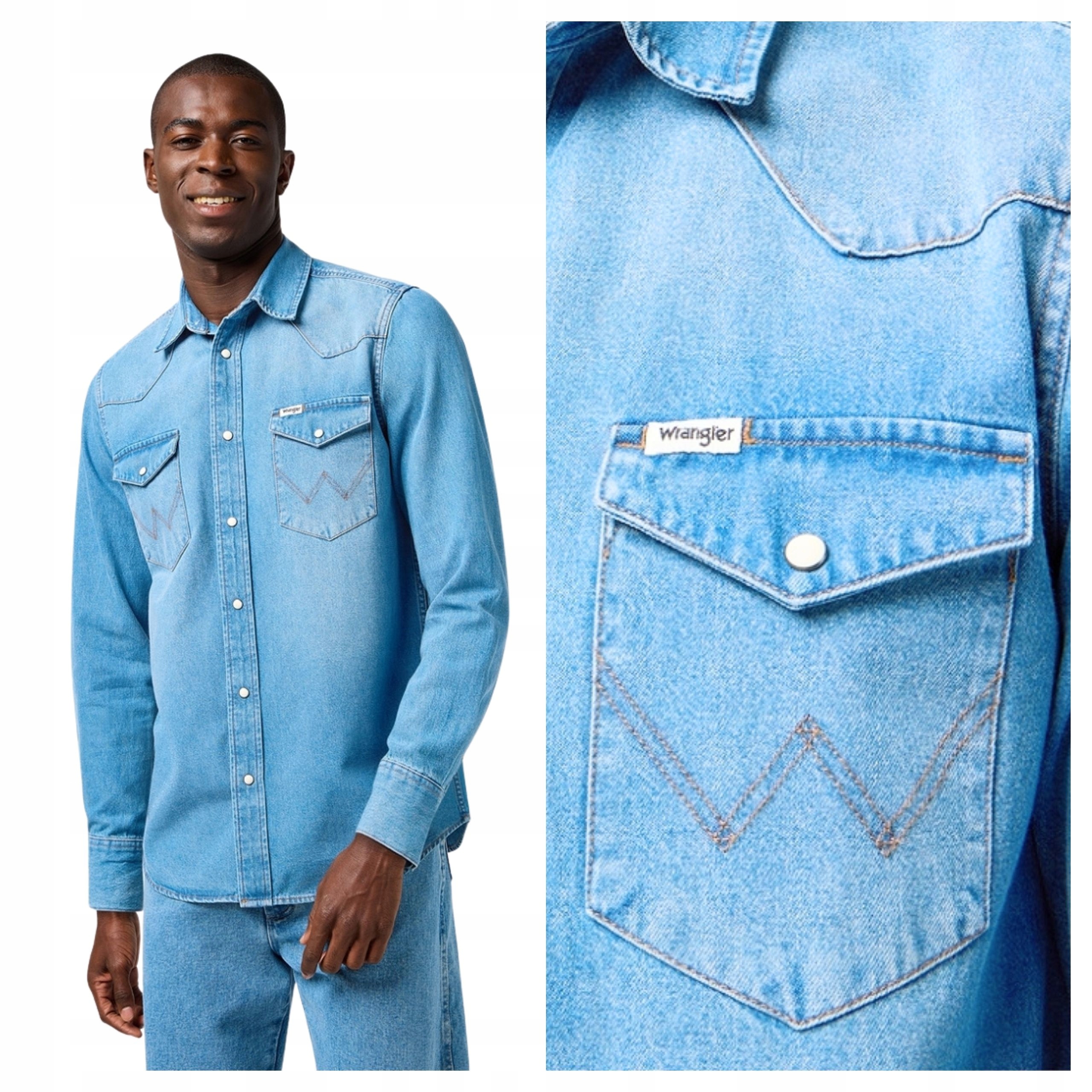 Pánská košile Wrangler Western Shirt Mid Light Wash Jeansová S