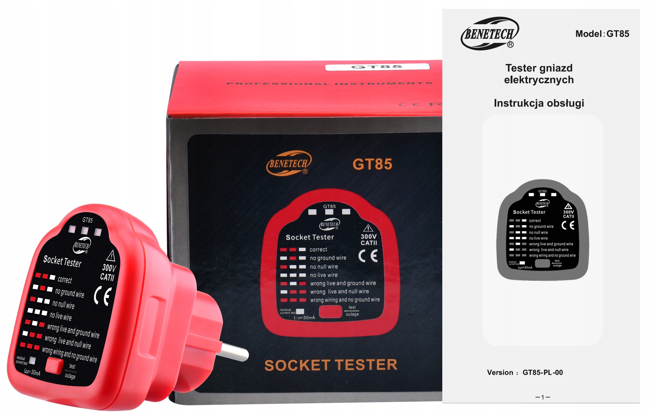 TESTER GNIAZD SIECIOWYCH 230V DETEKTOR POLARYZACJI TEST RCD L N UZIEMIENIE Marka Benetech