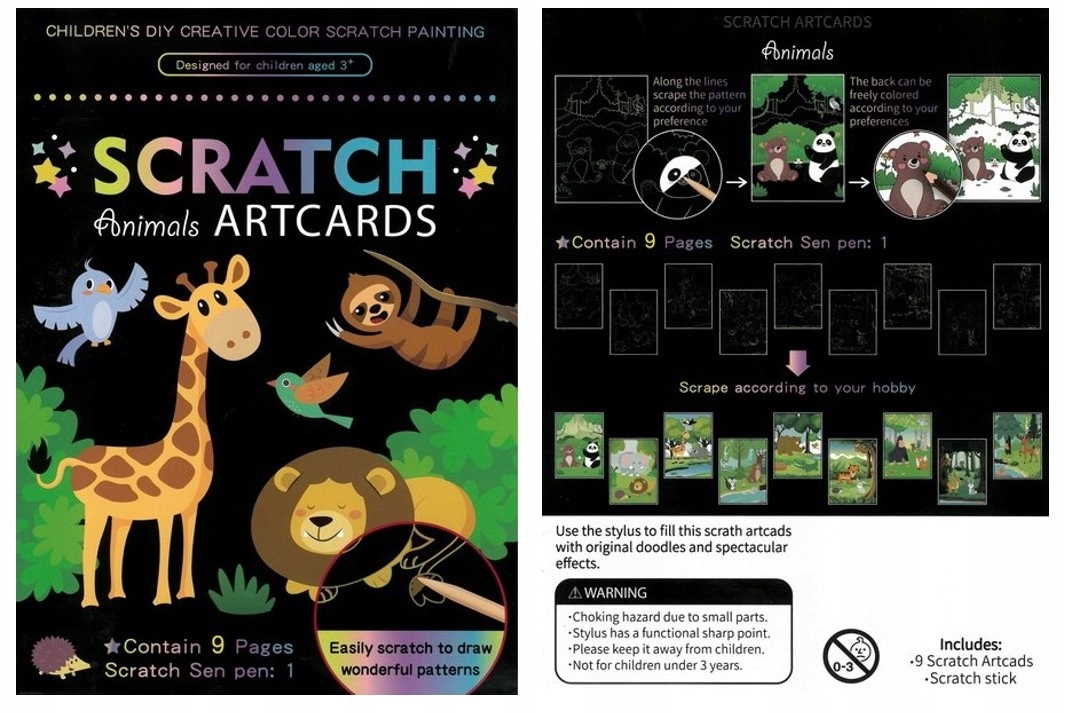 WYDRAPYWANKA ZDRAPYWANKA KOLOROWANKA KREATYWNA FANDY DLA DZIECI ZOO 9SZT Wiek dziecka 3 lata +