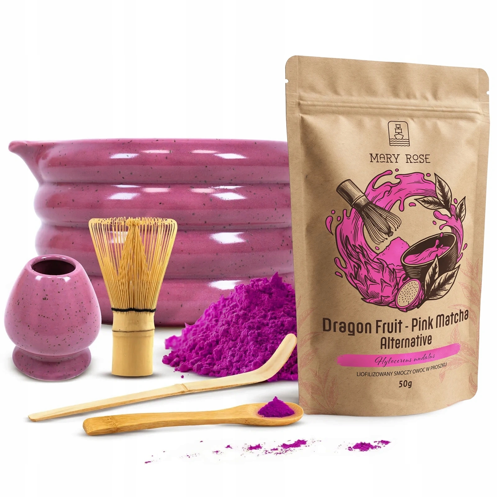 Sada pro přípravu Pink Matcha Dragon Fruit 50 g Příslušenství pro Matchu