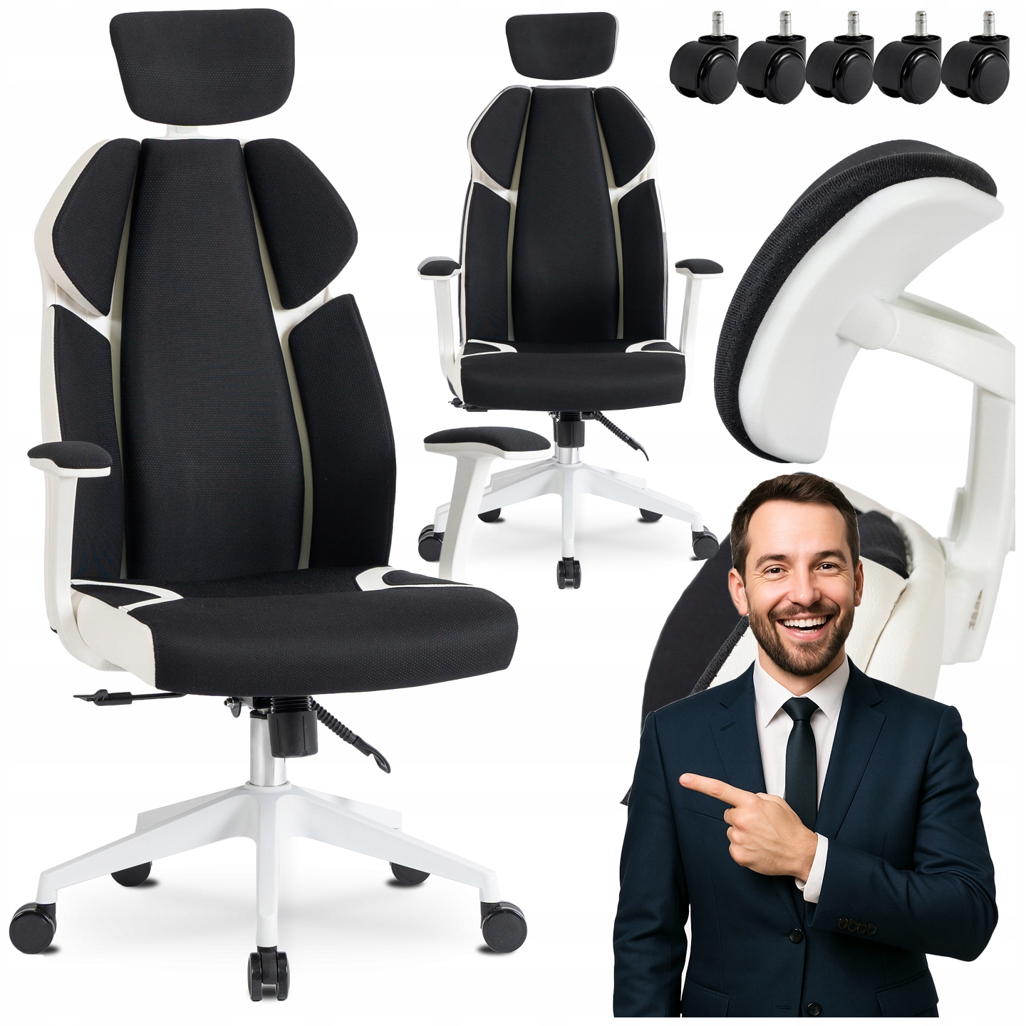 Kancelářská otočná židle Ergonomická herní židle Bílá Černá Duncan