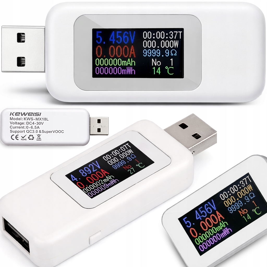 Woltomierz cyfrowy RETOO E364 USB z wyświetlaczem LCD, zakres 4-30V, 0-6.5A