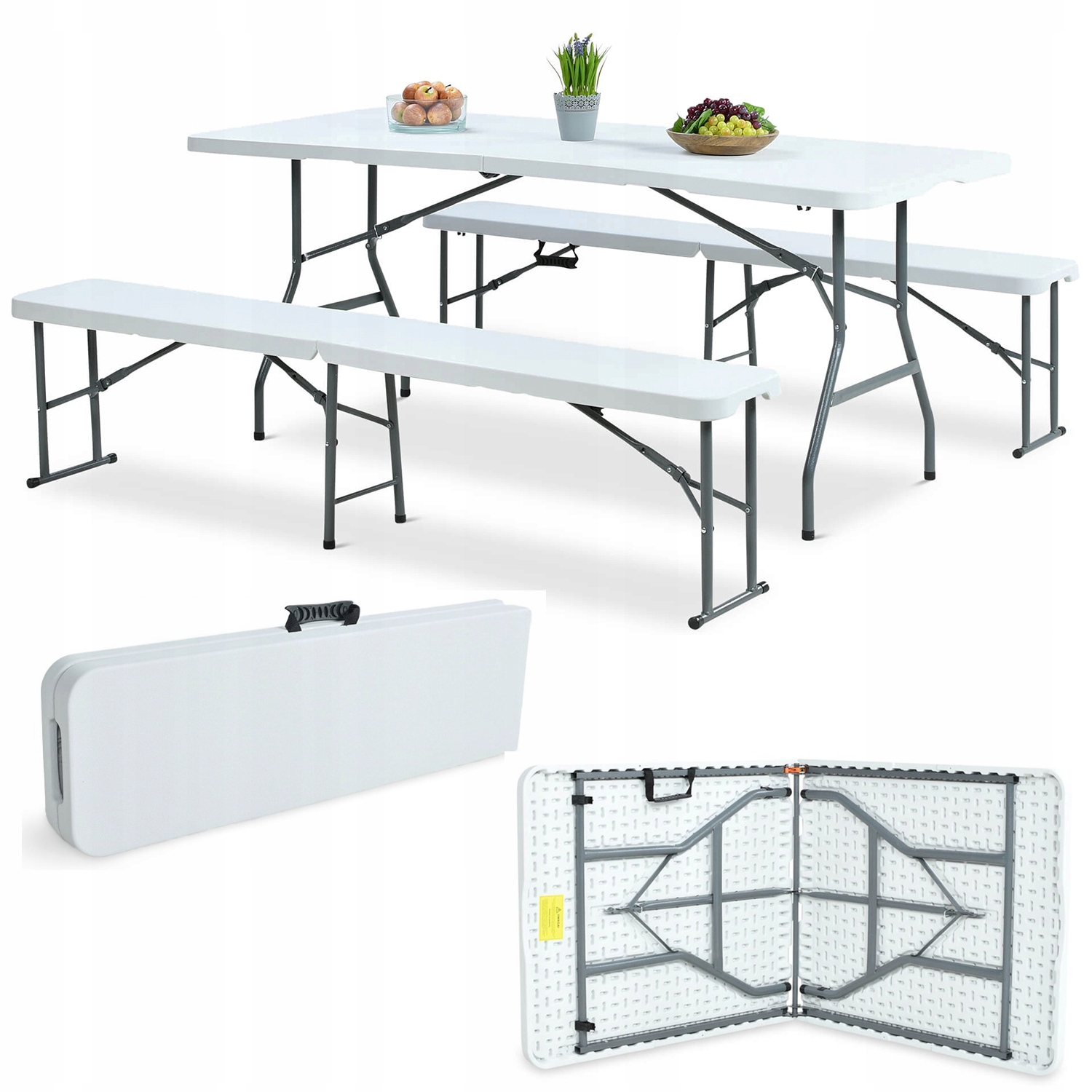 Zestaw Ogrodowy Cateringowy Piwny Bankietowy Stół 180 cm 2x Ławki Białe