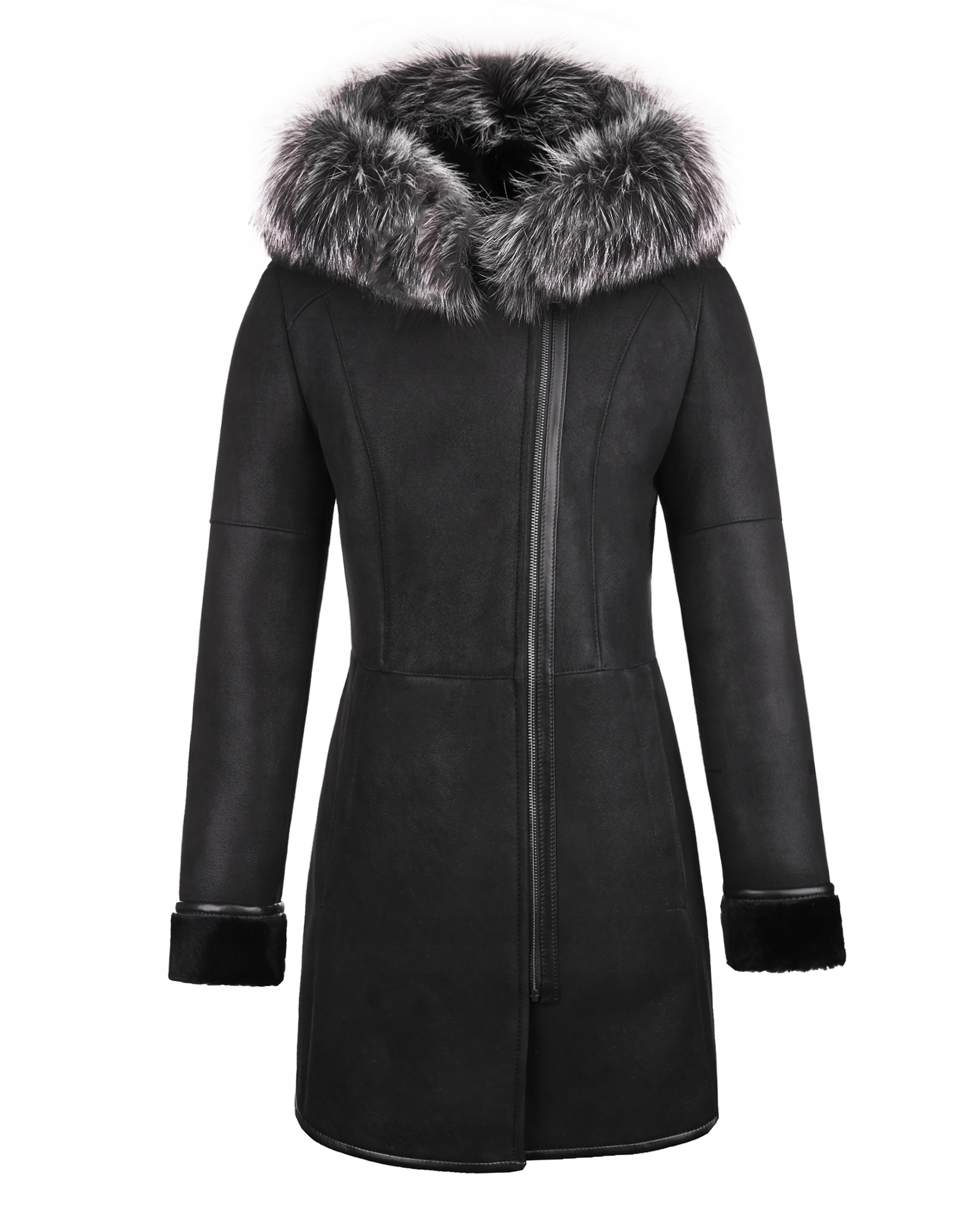 Dámský Kožený Kožich Diana S Lemováním Ze Stříbrné Lišky, Černý, Velikost 4XL/48