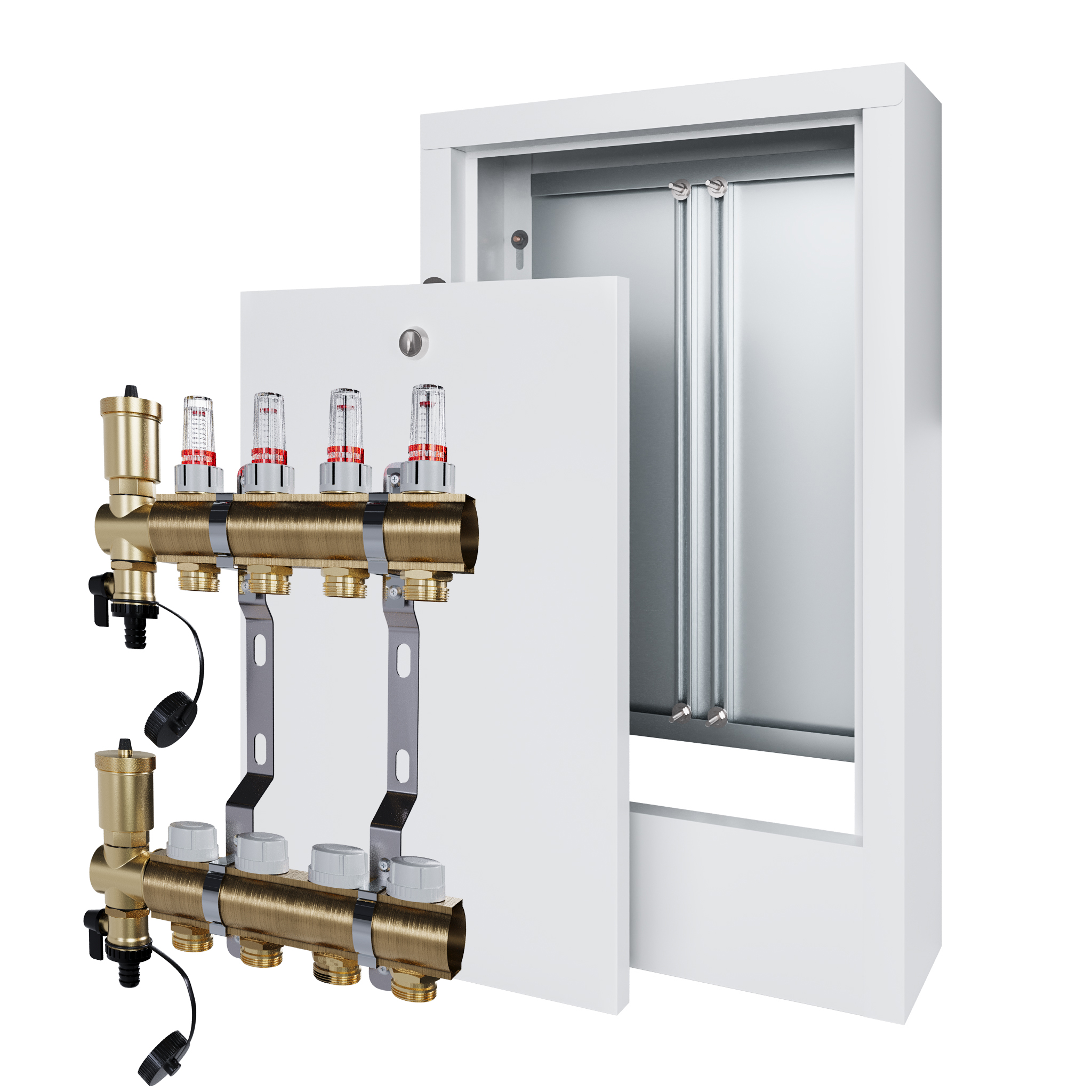 Rozdělovač pro podlahovku se 4 podlahovými topeními a nástěnnou schránkou