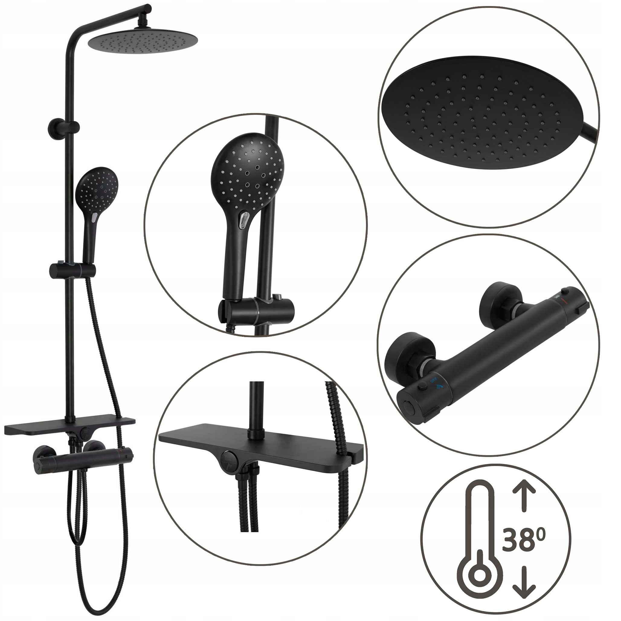 Nástenný sprchový set s termostatom čierny Rea Mike Black s poličkou