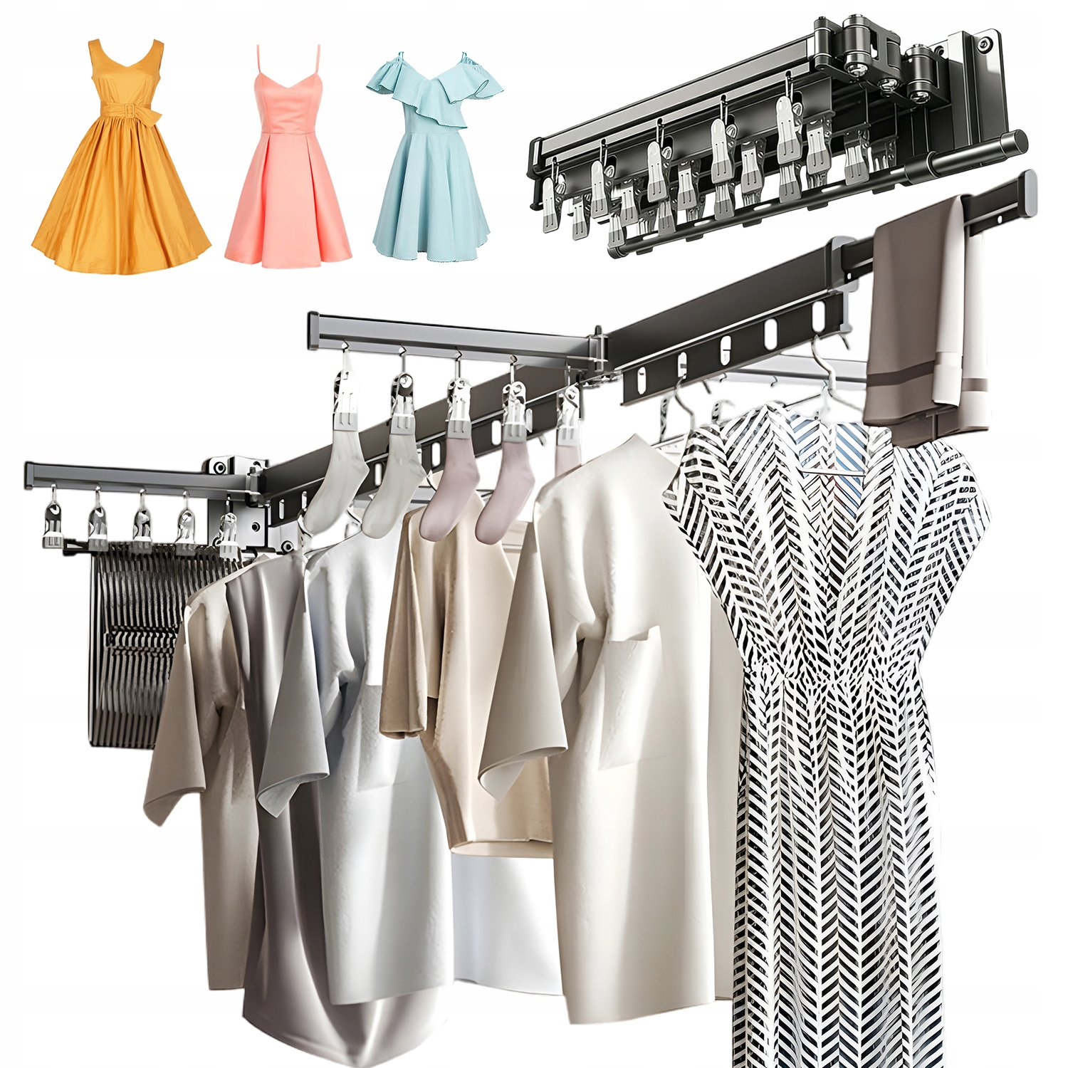 Levně Skládací Věšáky Na Oblečení S 20 Klipy Na Ponožky, 130 CM, Černé