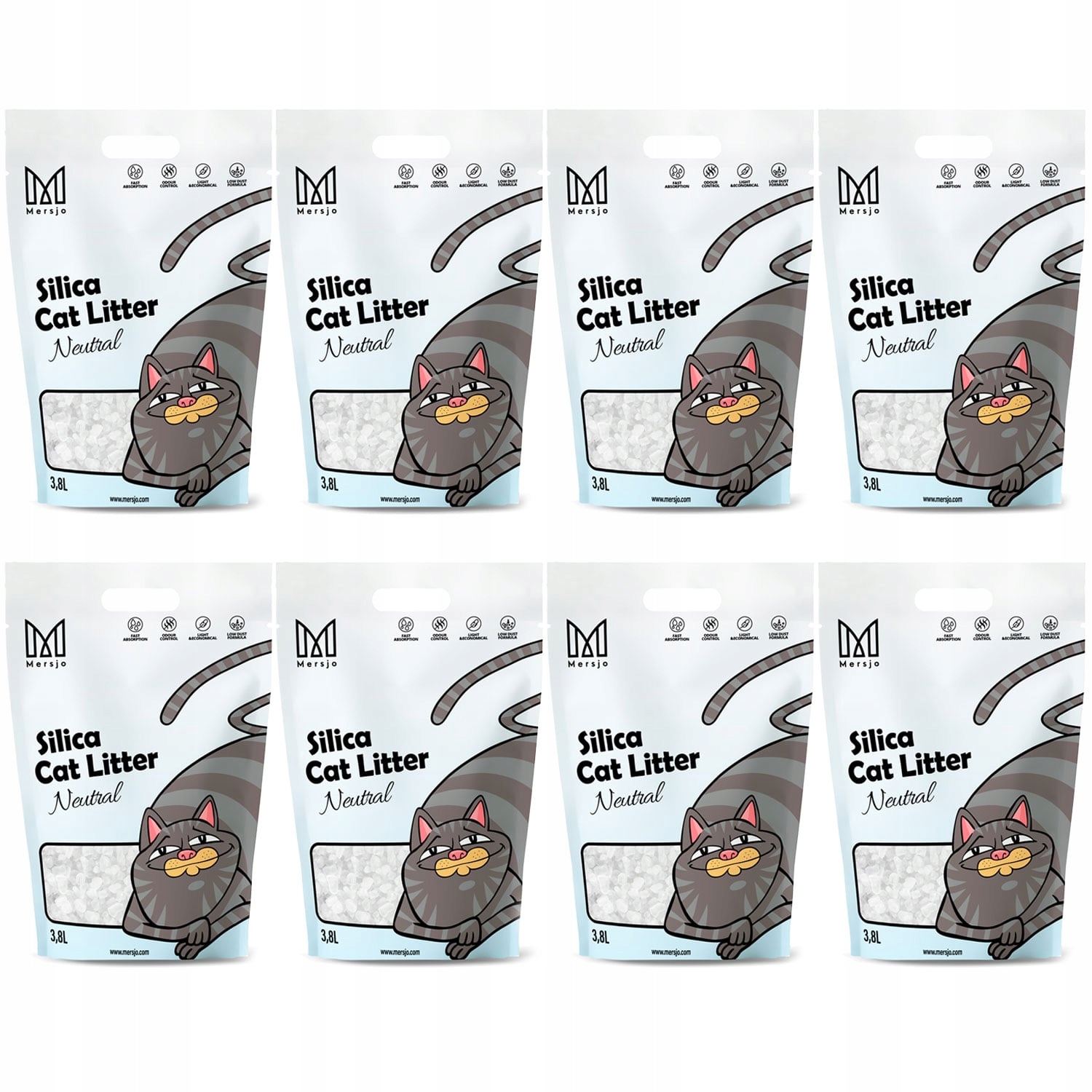 Levně 8x Silikátové Stelivo pro kočky Premium bezprašné přírodní Mersjo 3,8L