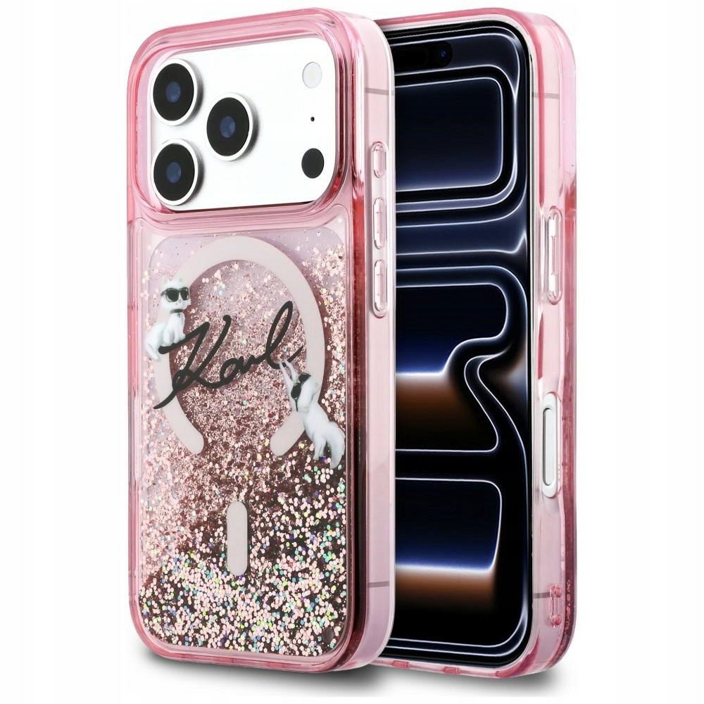 Pouzdro Karl Lagerfeld Liquid Glitter s logem Karl Script a třpytivým vzorem MagSafe pro iPhone 17 P