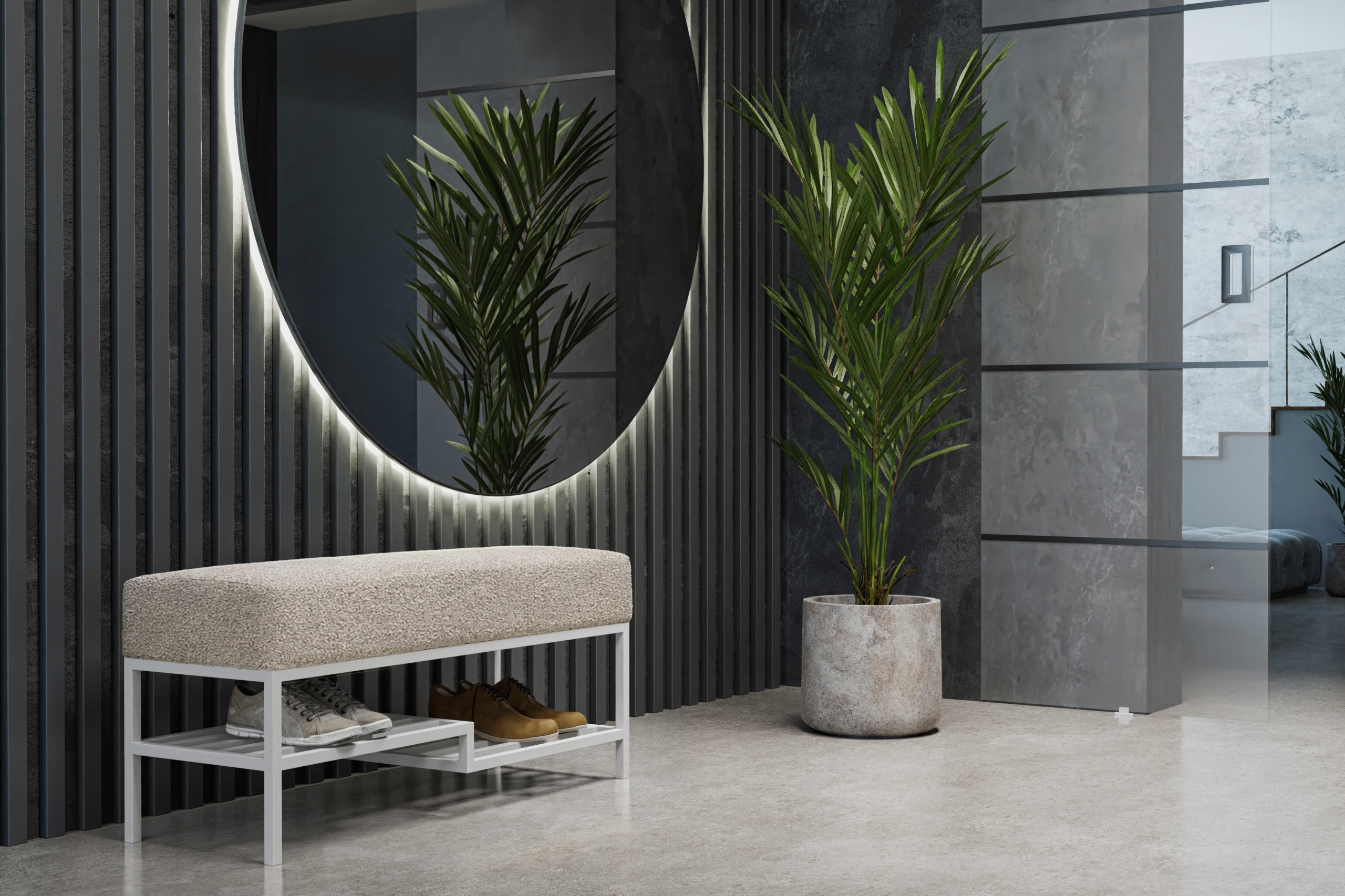 Čalouněná lavička s policemi na boty, bílá lavička na boty, taburet a lavička 80 cm