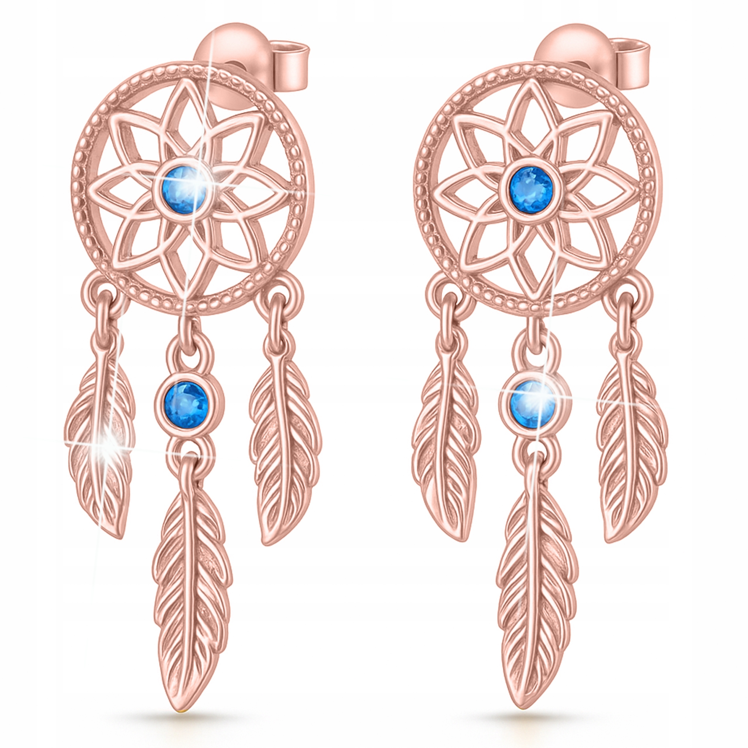 Náušnice Pozlacené Lapač Snů Kolečka pera s modrým očkem Stříbro 925