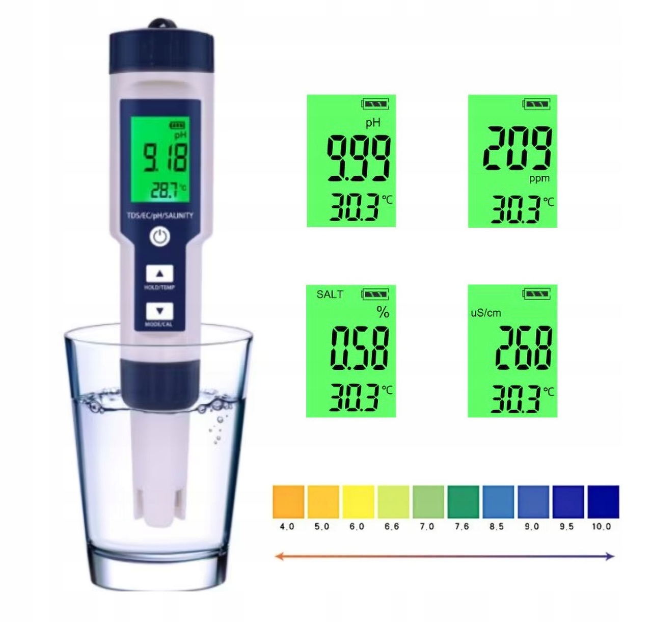 5 v 1 PH/EC/TDS/slanost/digitální teploměr Tester vody PH0~14