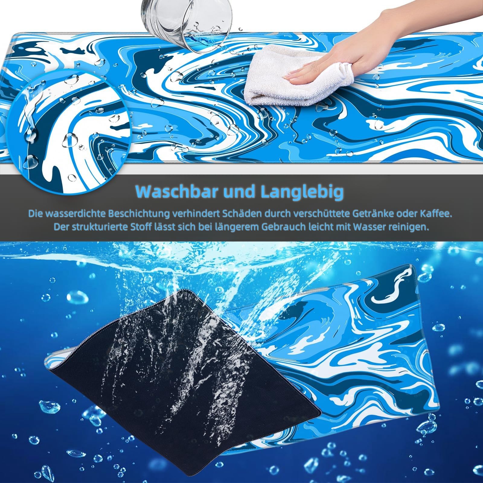 LEKUNI DUŻA PODKŁADKA GAMINGOWA XXL 900X400 MM ANTYPOŚLIZGOWA NIEBIESKA — miniatura 5