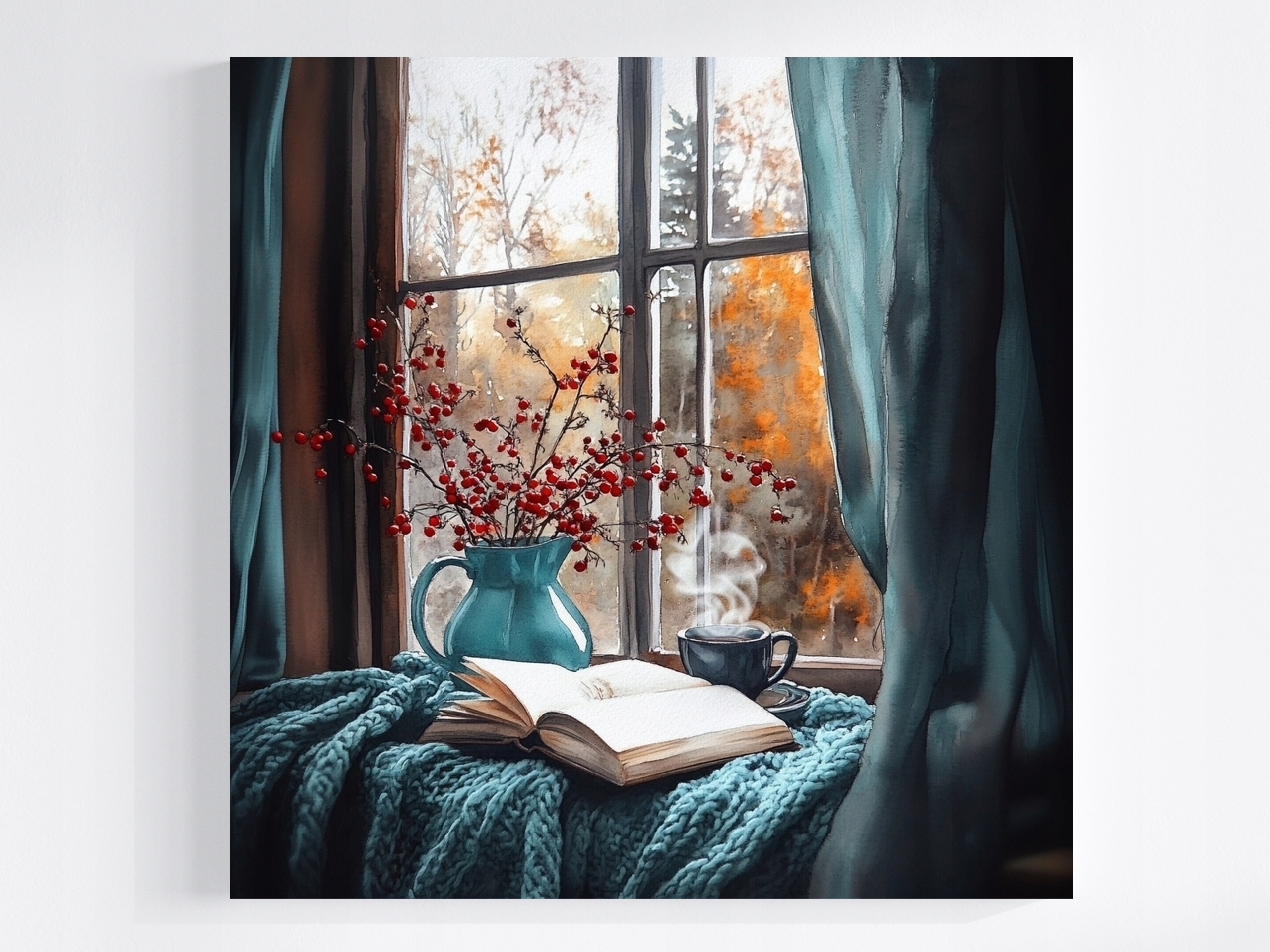 Obraz Na Plátně Canvas Okno Podzimní Deka Kniha Čaj Relaxace Pohled 60x60